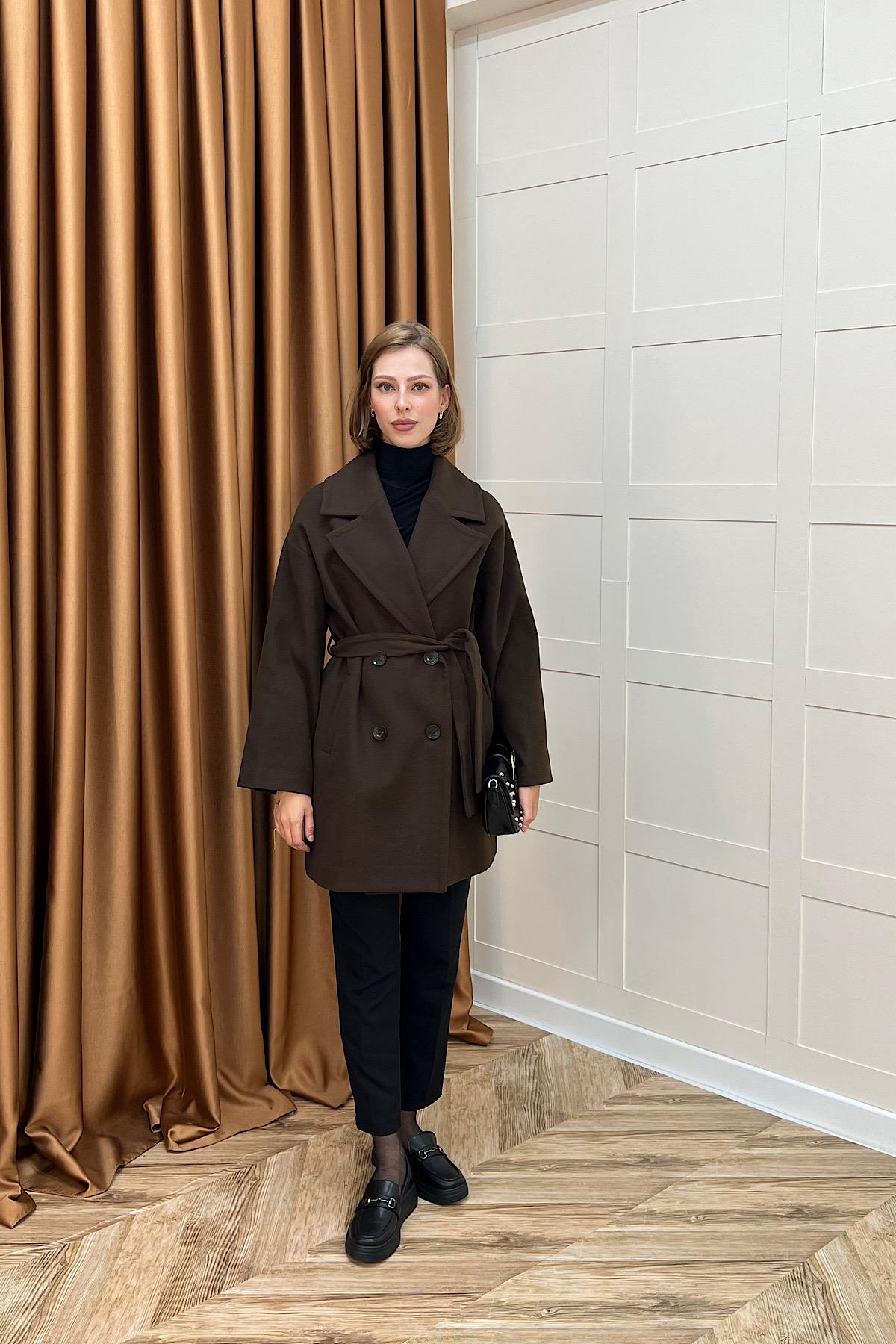 Nuve Premium Kuşaklı Kaban Kahverengi