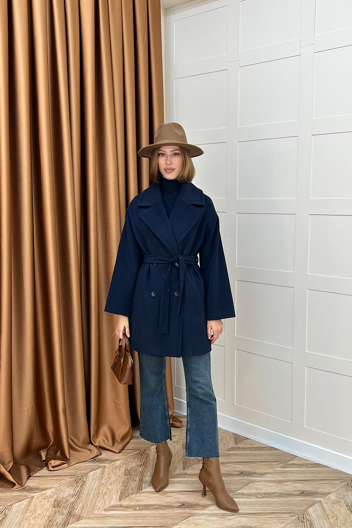 Nuve Premium Kuşaklı Kaban Lacivert