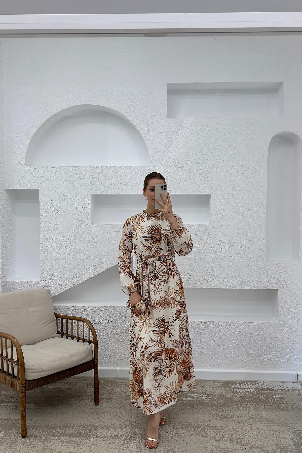 Palmiye Desen Keten Elbise Krem