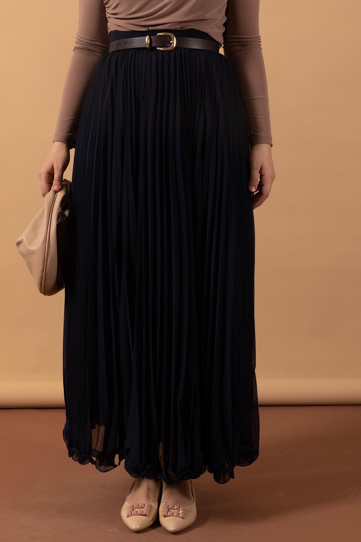 Piliseli Şifon Etek Lacivert