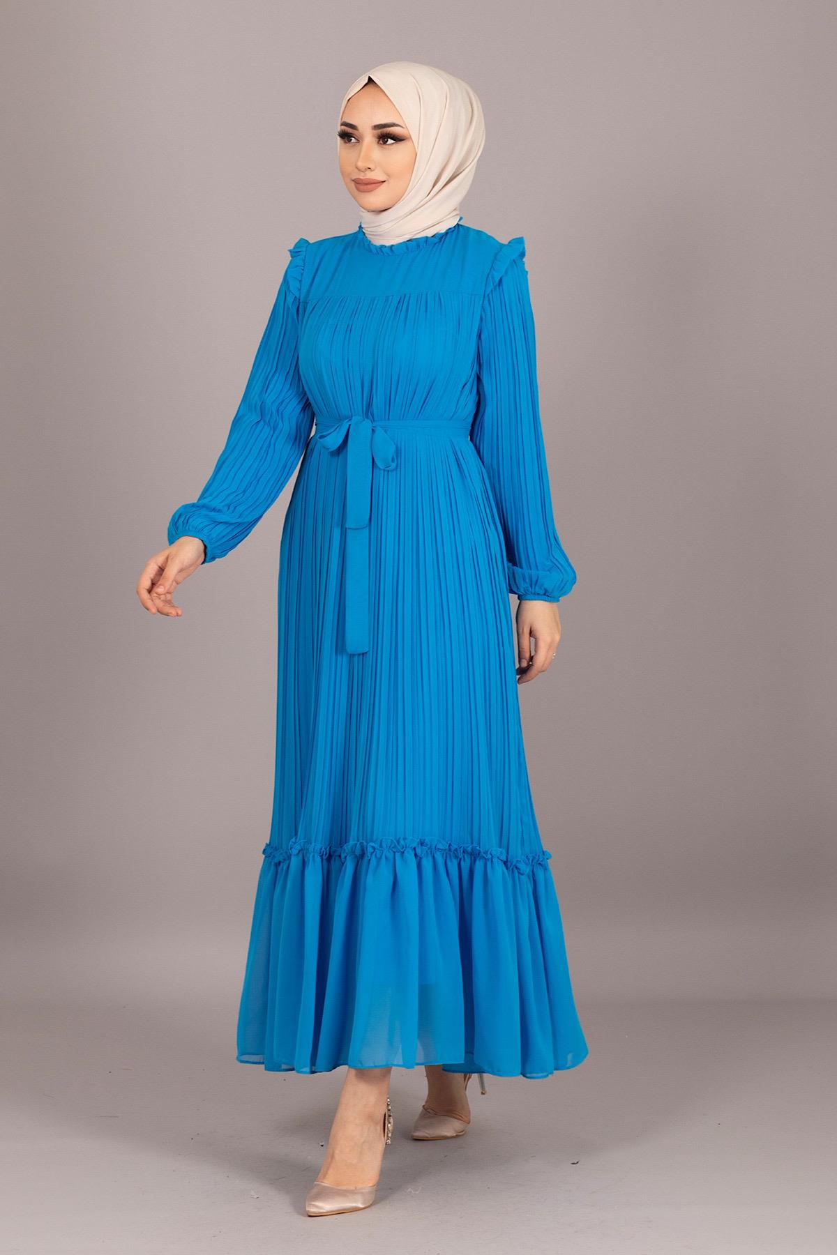 Piliseli Şifon Mavi Elbise