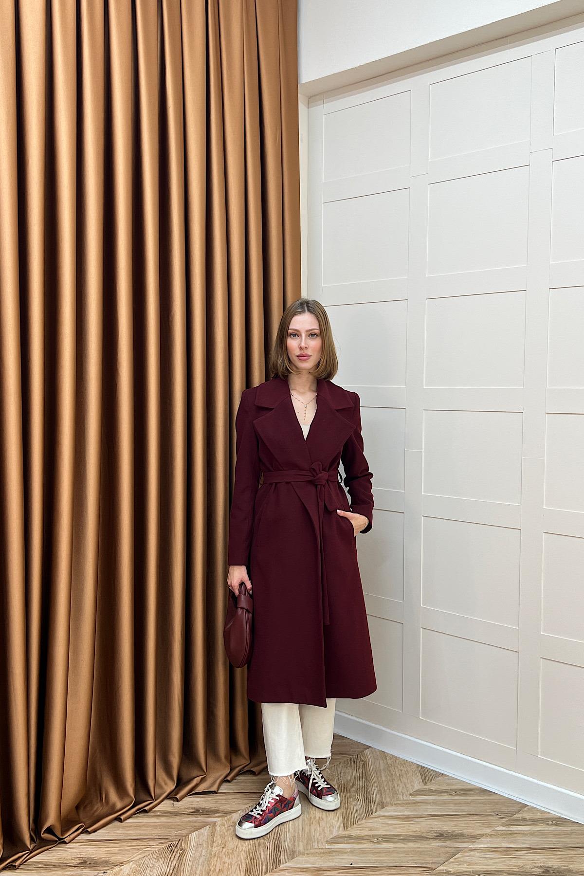 Premium Kuşaklı Kaşe Kaban Bordo