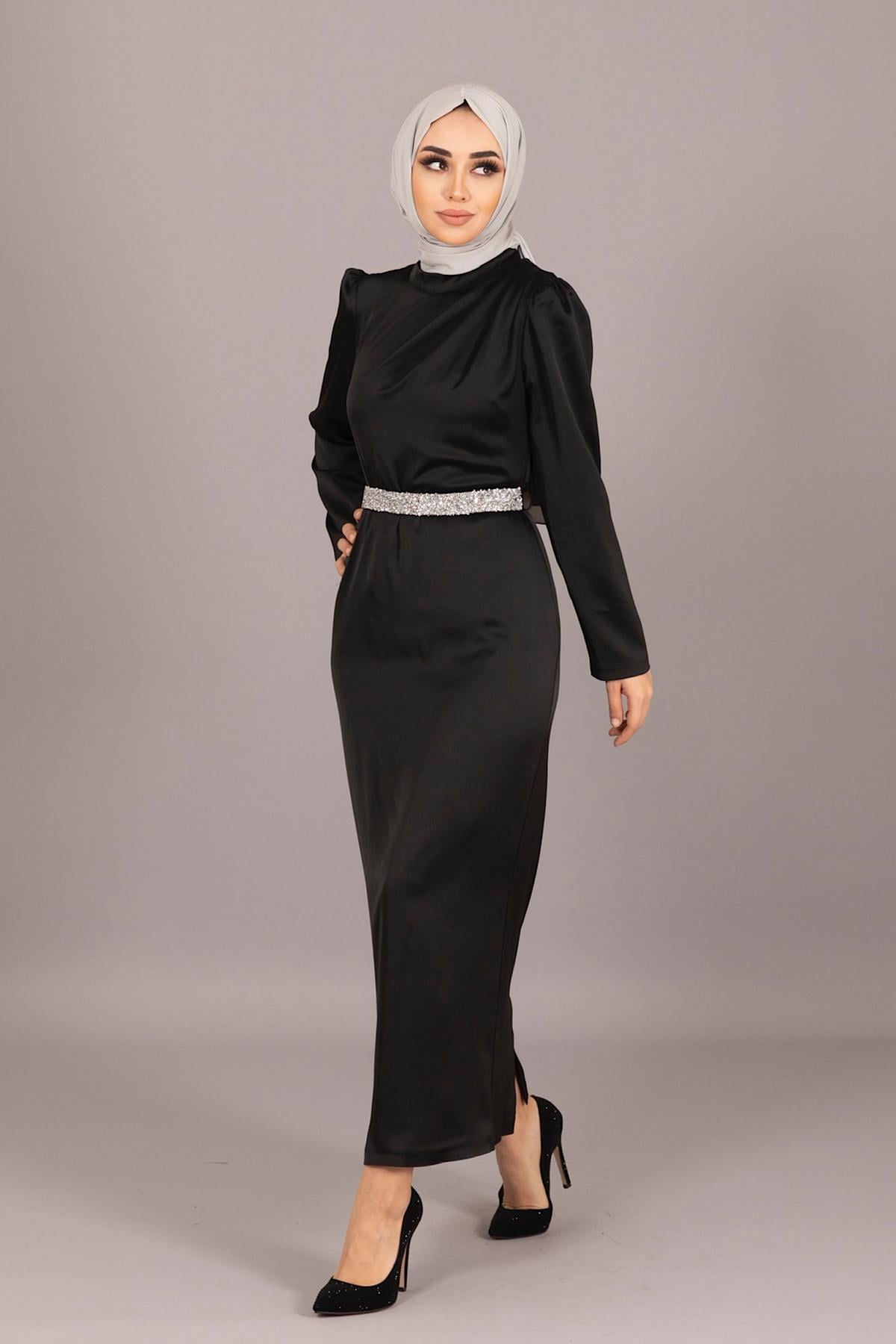 Taş Kemer Saten Abiye Siyah