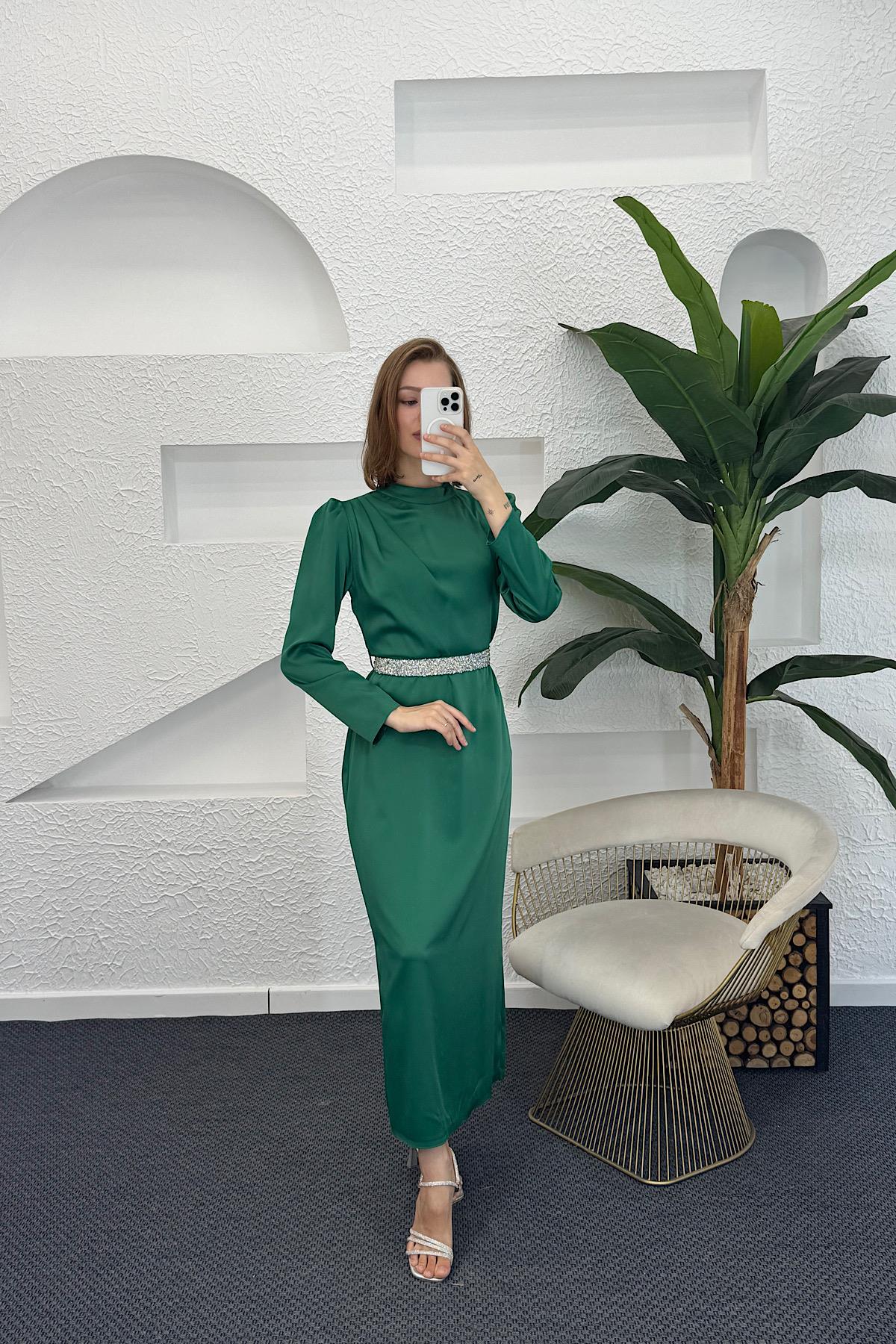 Taş Kemer Saten Abiye Yeşil