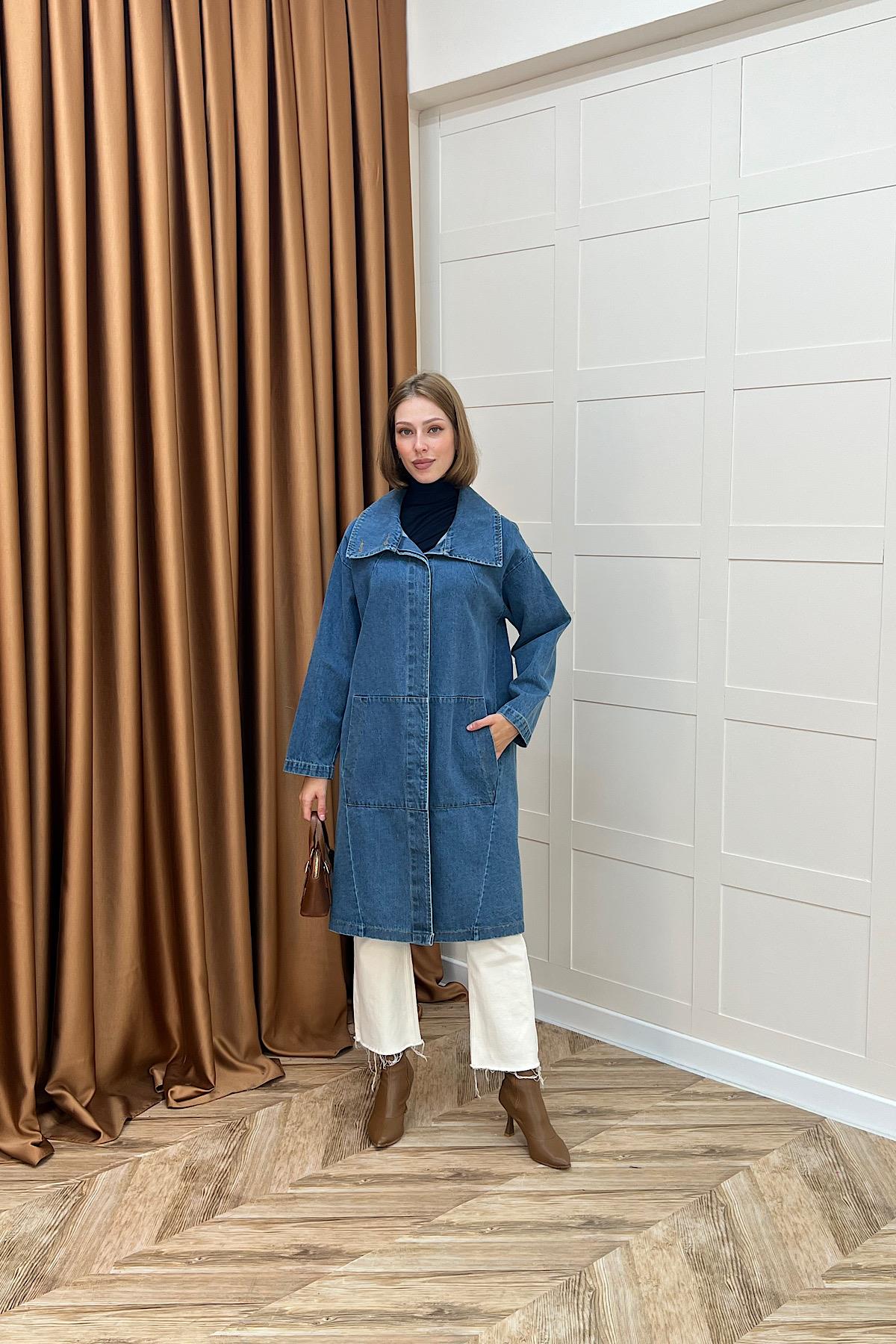 Yaka Detay Kot Ceket Mavi