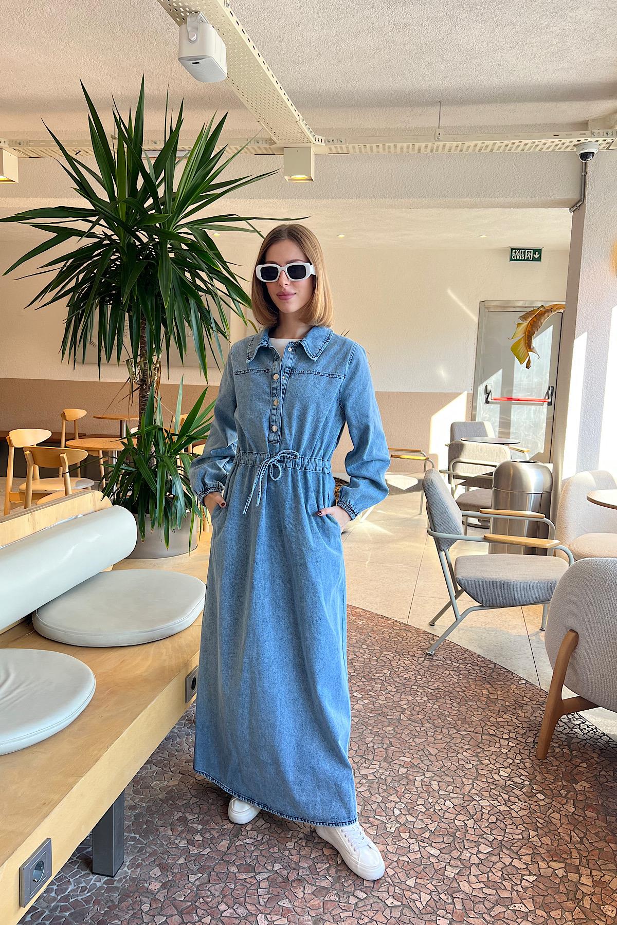 Yarım Patlı Kot Elbise Mavi