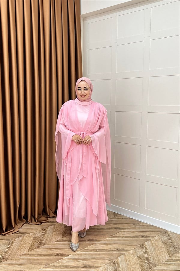 Aliza Büzgülü Şifon Elbise Pembe