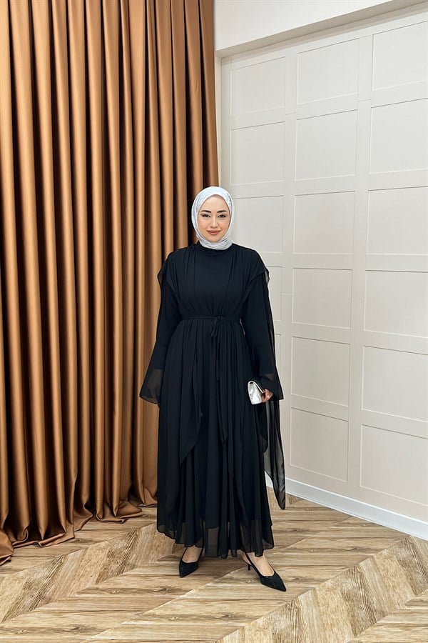 Aliza Büzgülü Şifon Elbise Siyah