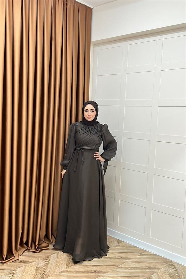 Göğüs Drapeli Abiye Kahverengi