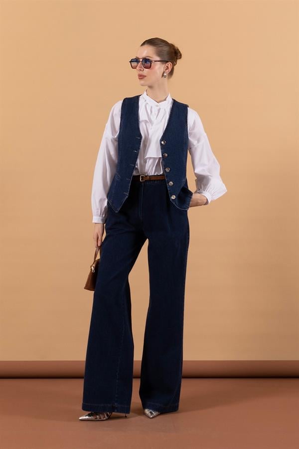 İkili Denim Yelek Takım Lacivert