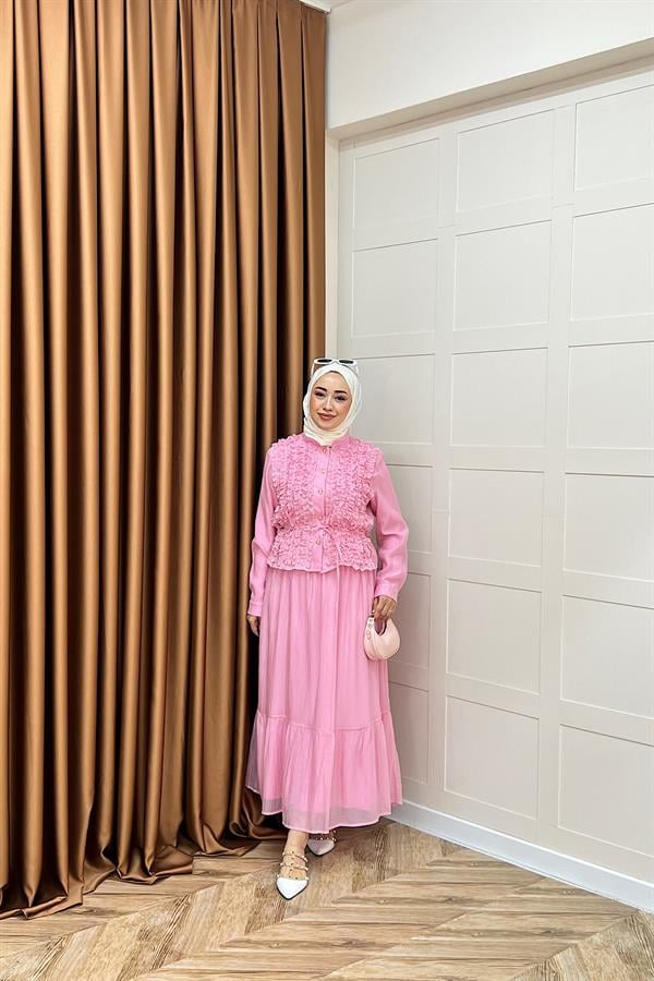Vera Fırfırlı Etek Takım Pembe
