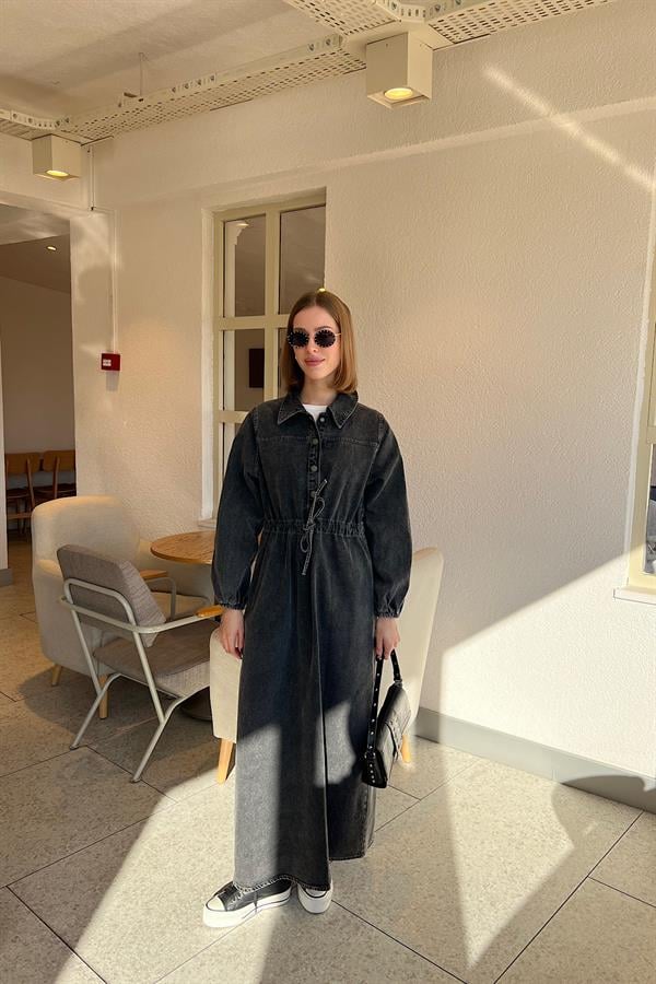 Yarım Patlı Kot Elbise Antrasit