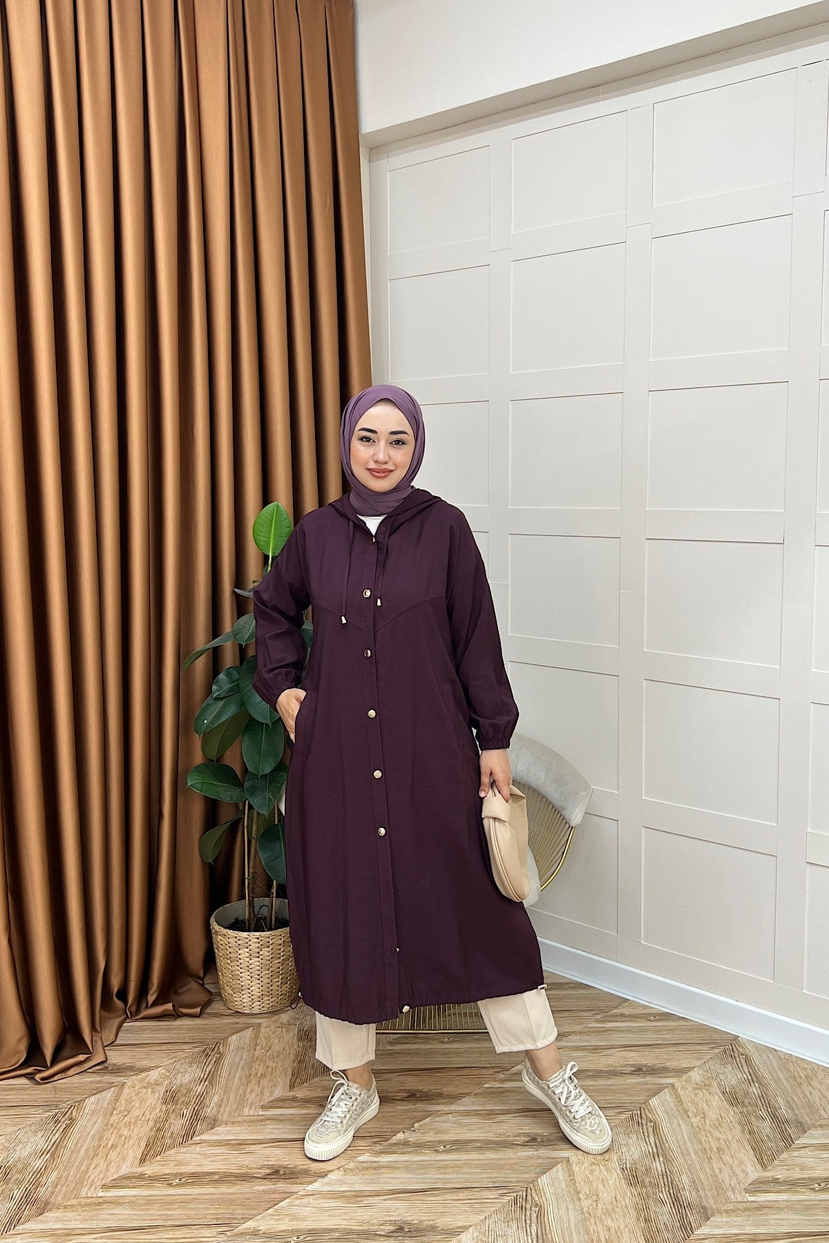 004-Liana Düğmeli Kap Mürdüm