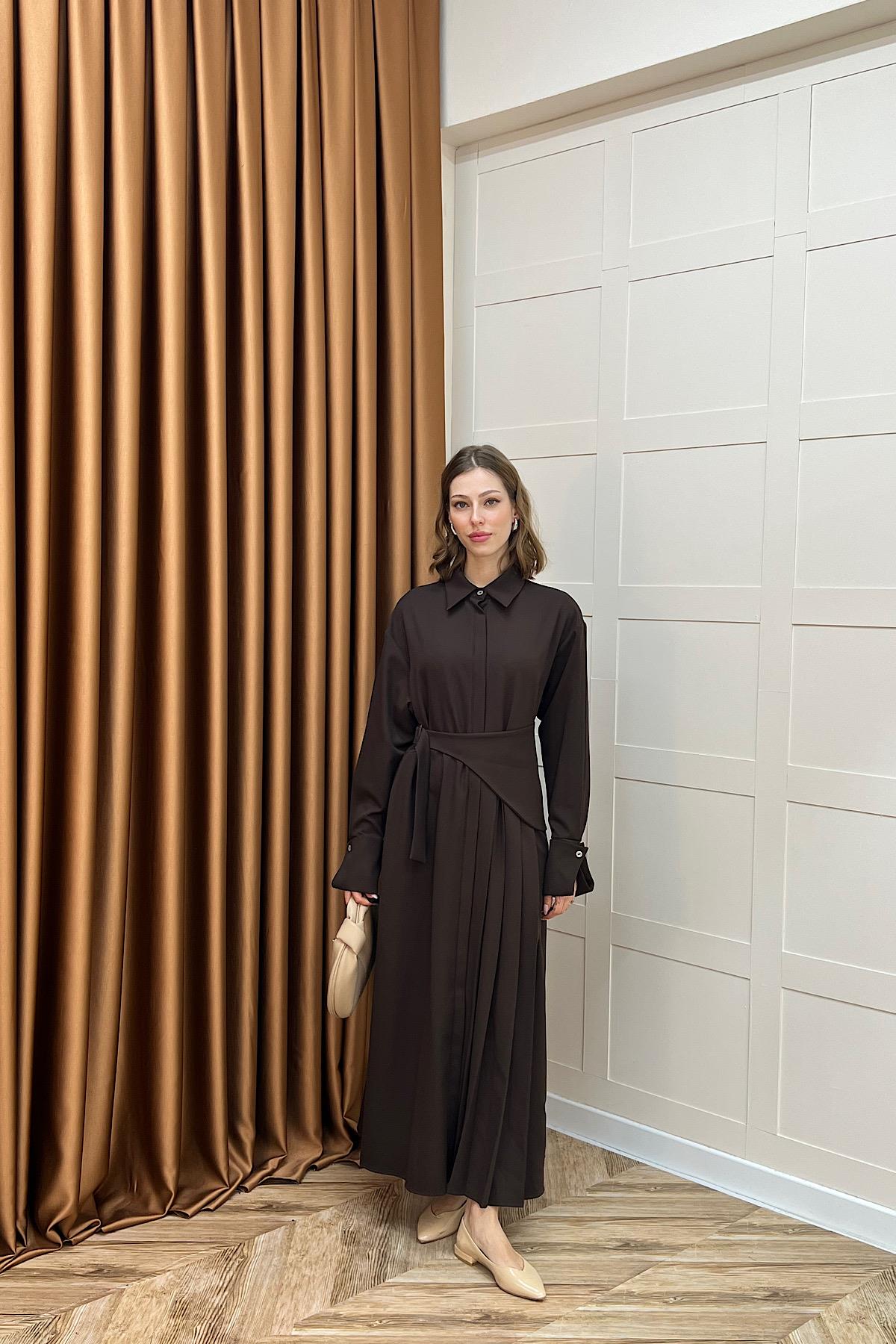 Aliza Pile Detay Elbise Kahverengi