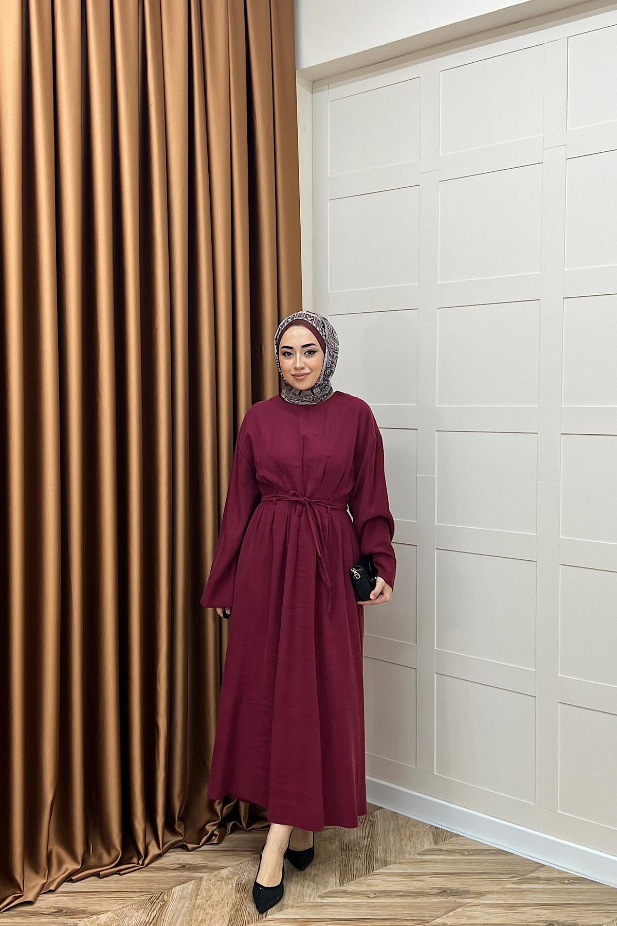 Alya Belden Bağlamalı Elbise Bordo