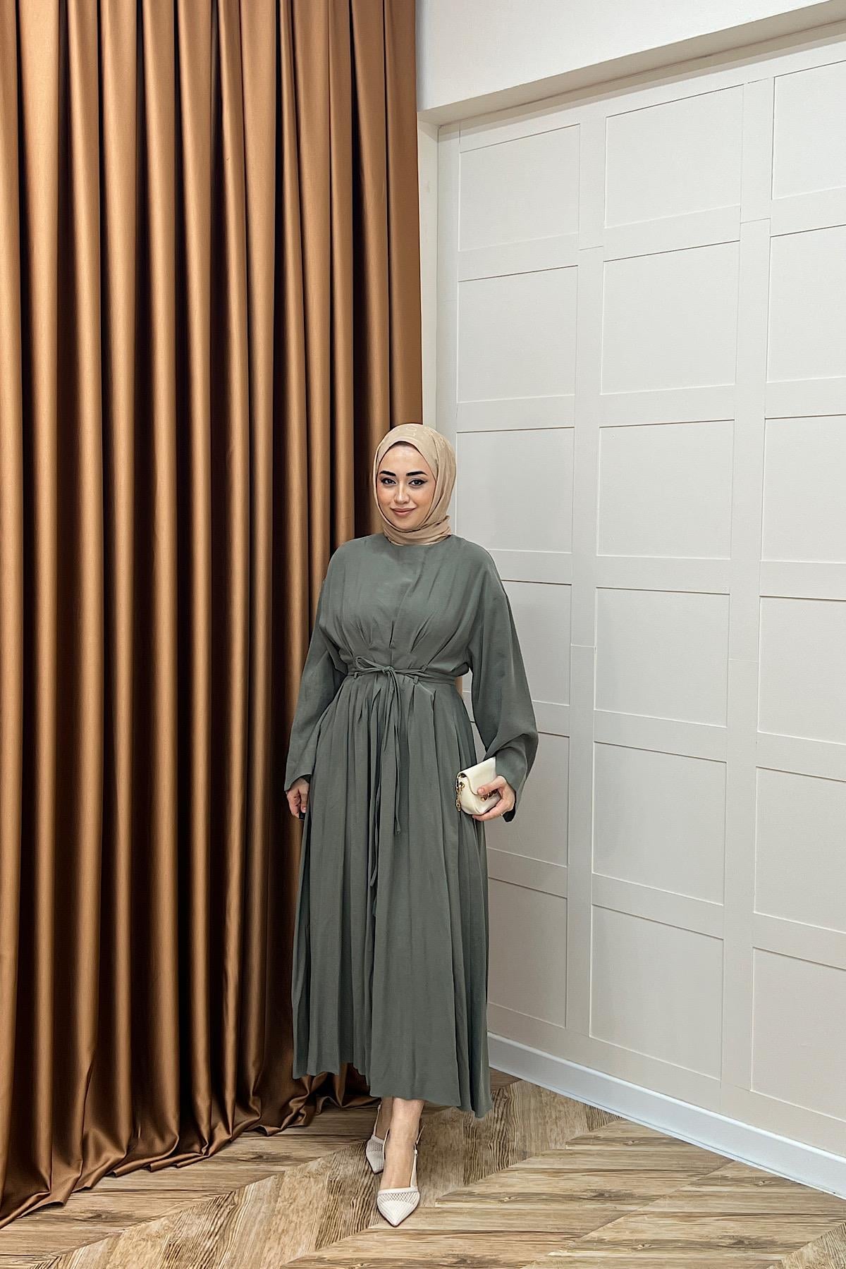 Alya Belden Bağlamalı Elbise Yeşil