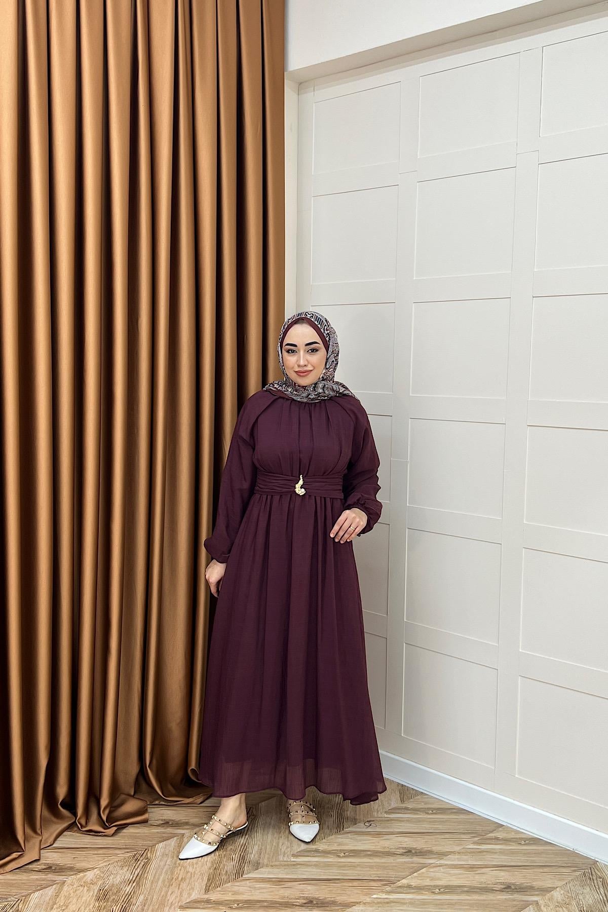 Angelina Broş Detay Elbise Bordo