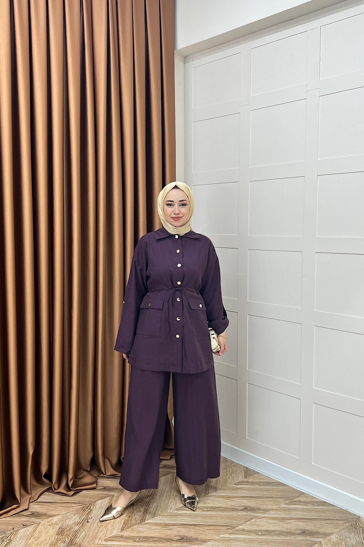 Aria Belden Bağlamalı İkili Takım Mürdüm