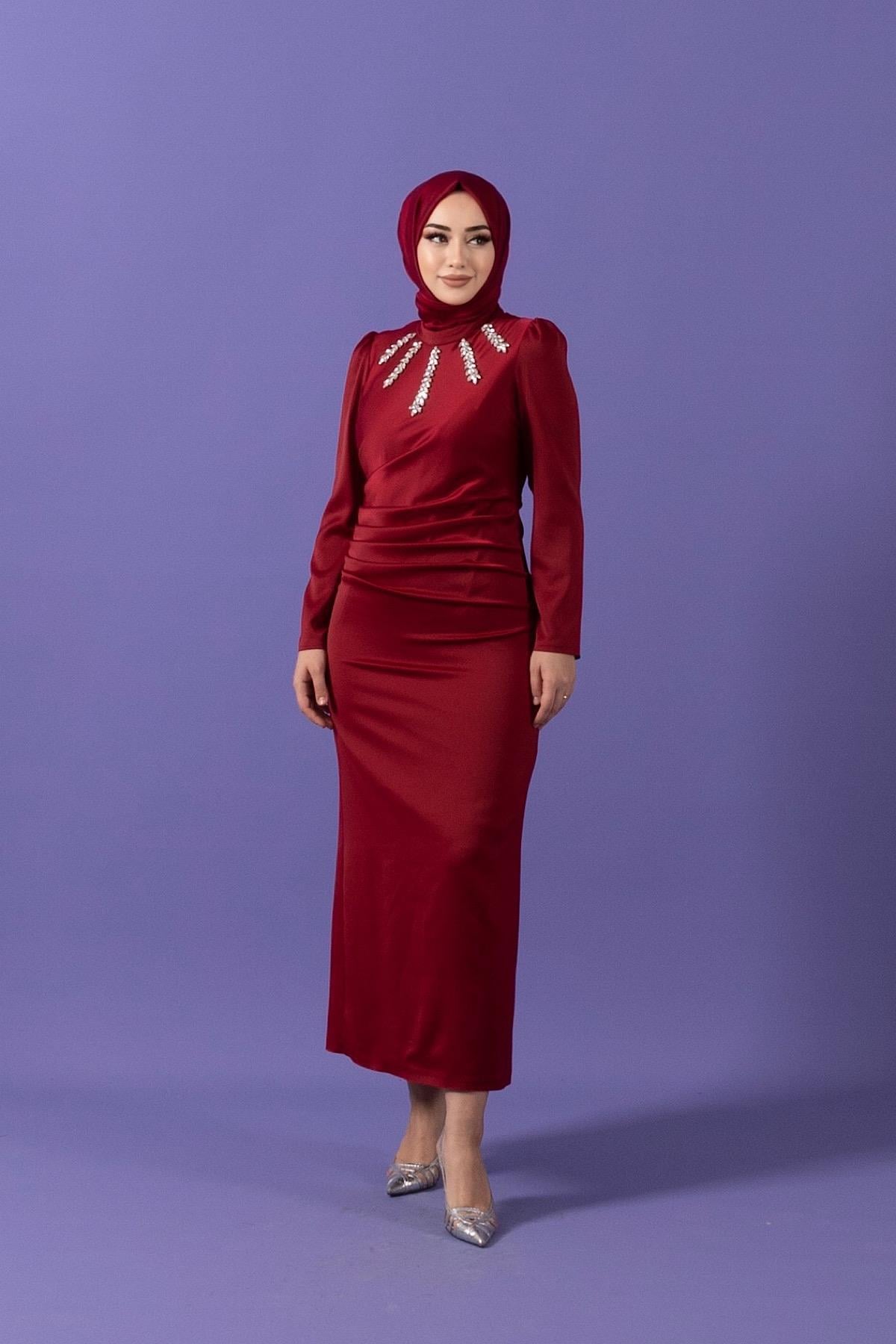 Başak Taşlı Saten Abiye Bordo