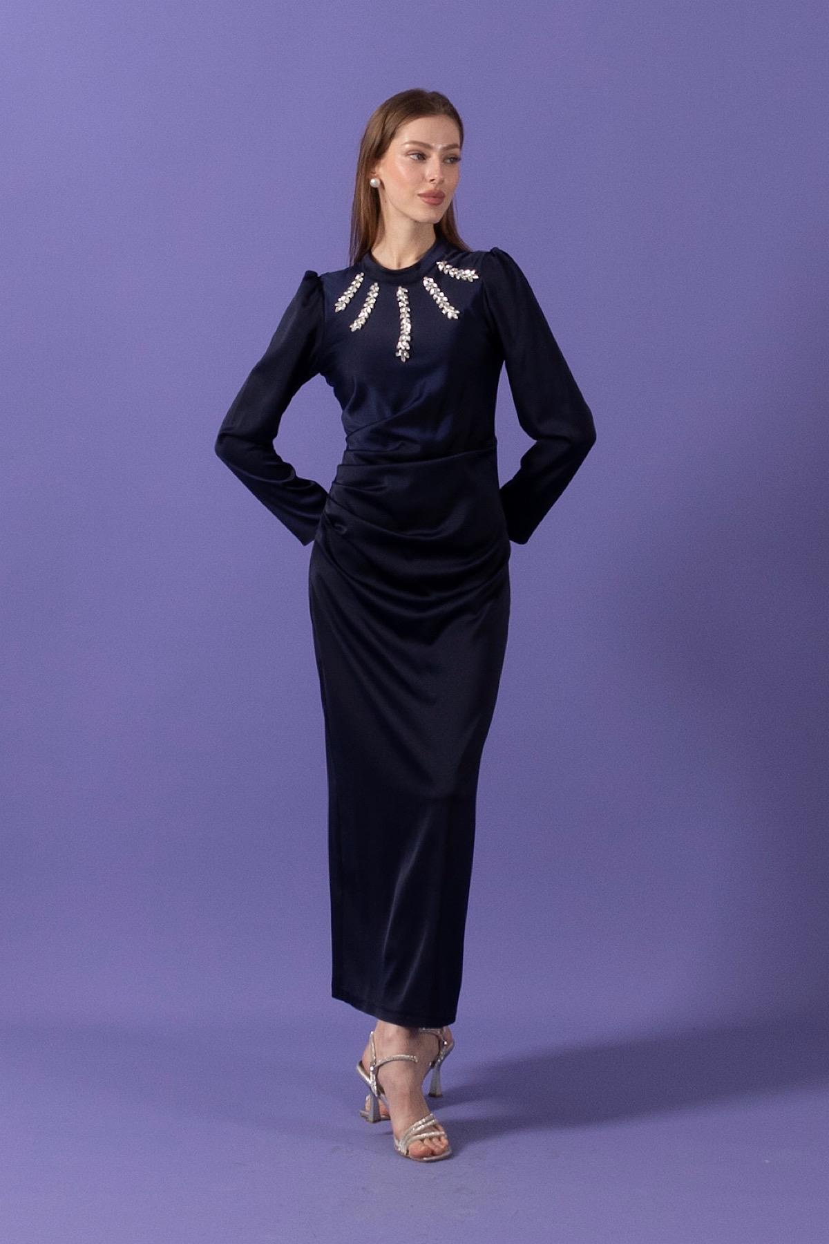 Başak Taşlı Saten Abiye Lacivert