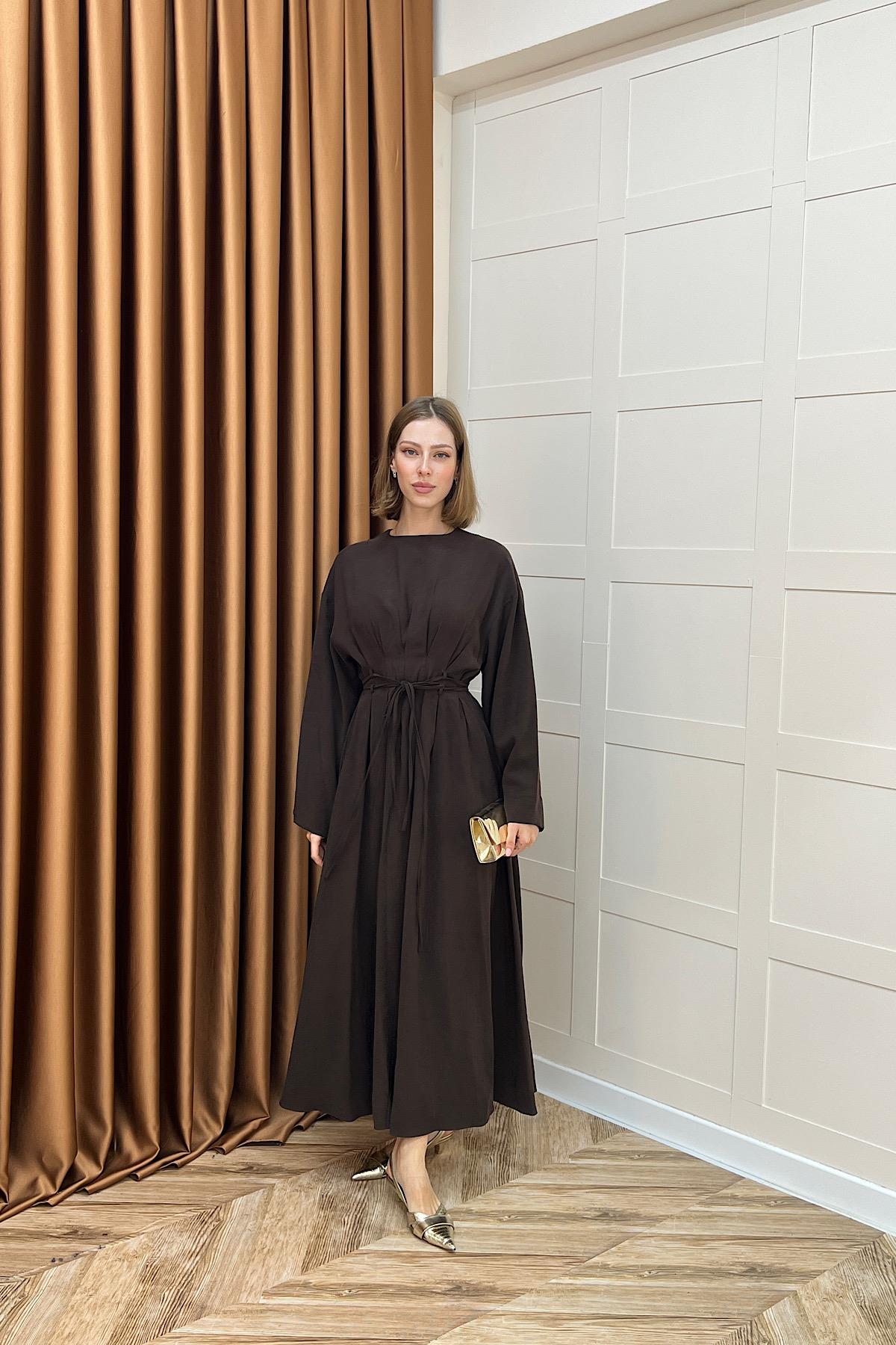 Belden Bağlamalı Cupra Elbise Kahverengi