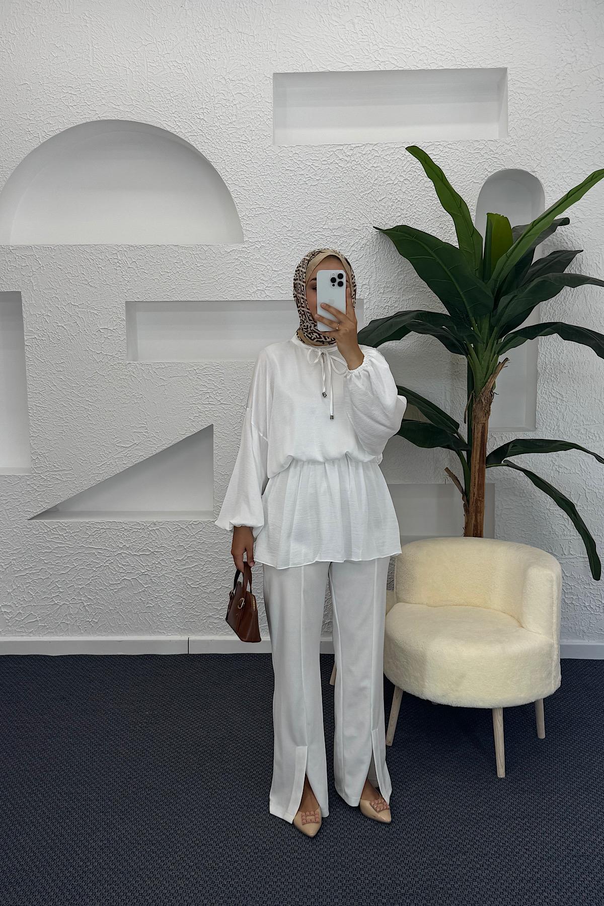 Belden Lastikli Yarasa Kol Tunik Beyaz