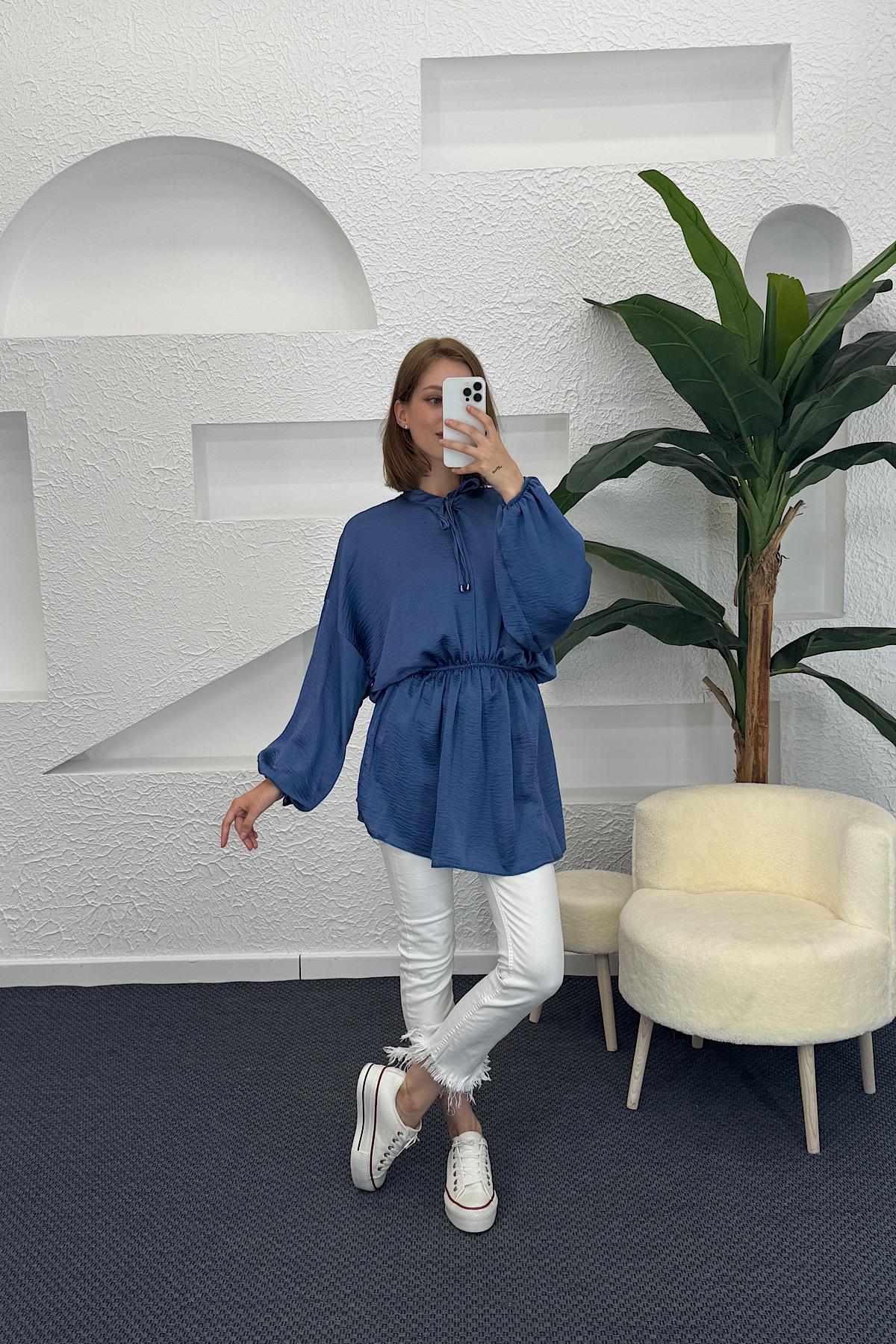 Belden Lastikli Yarasa Kol Tunik Mavi