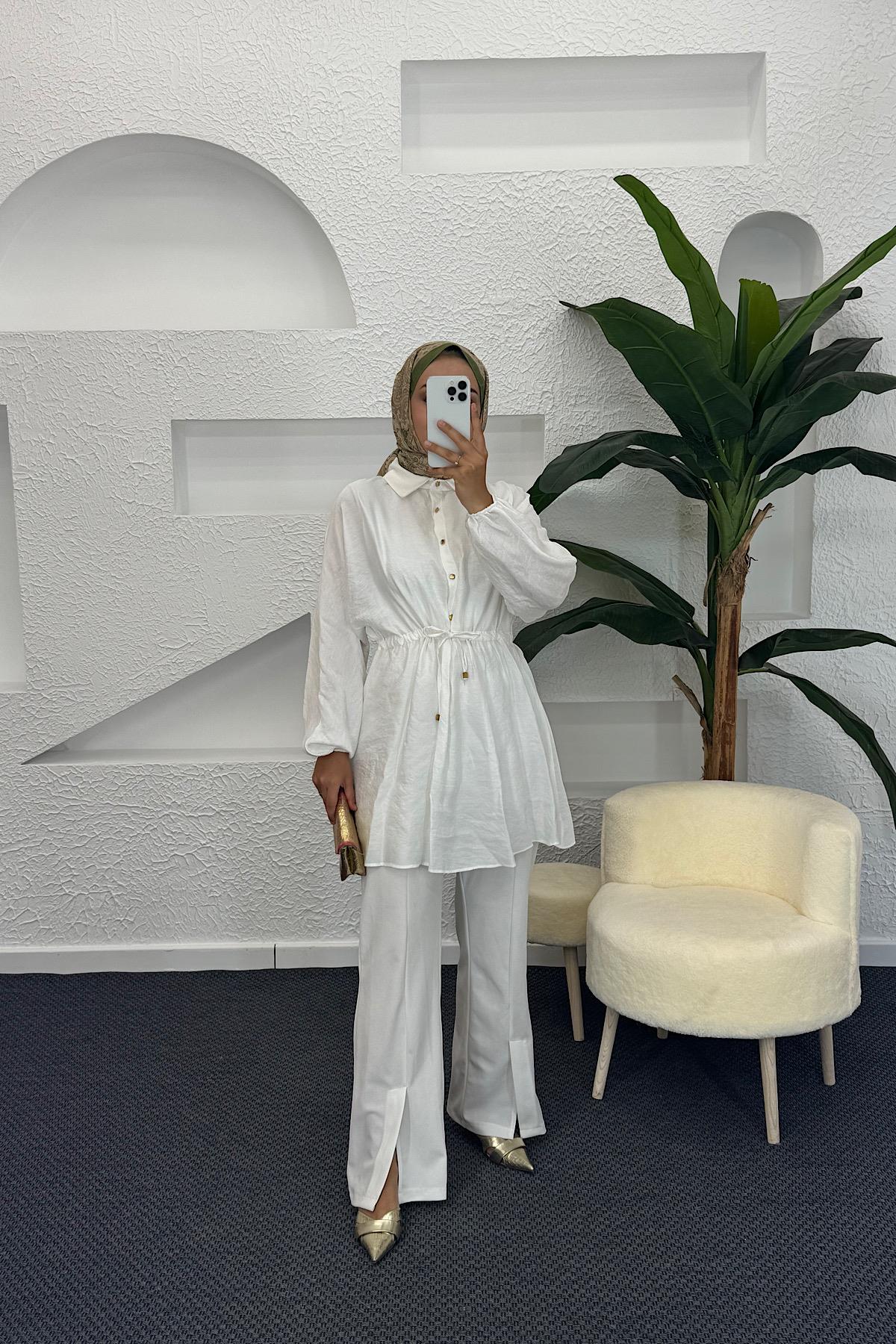 Beli Lastikli Modal Tunik Beyaz