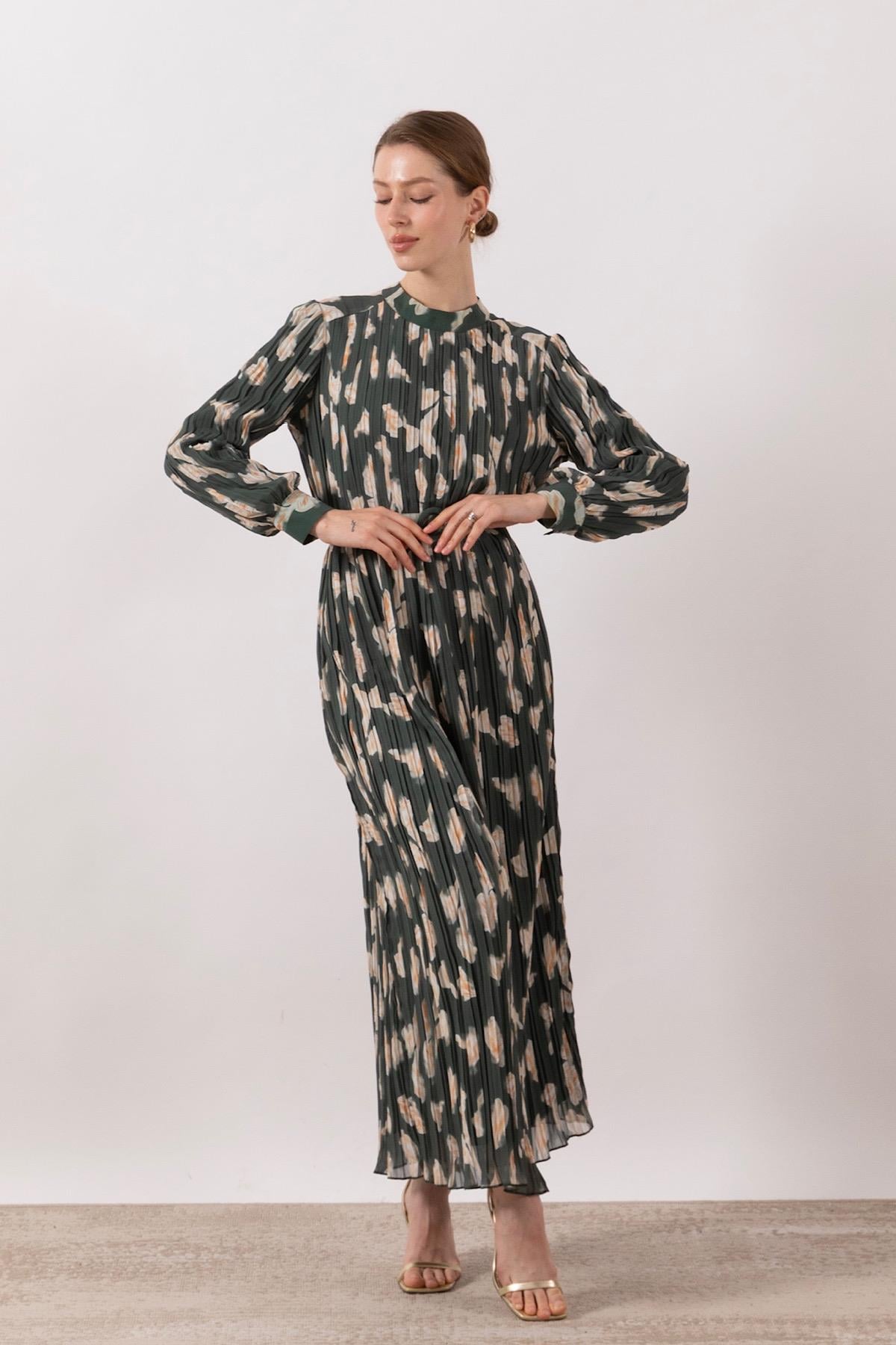 Belise Piliseli Şifon Elbise Haki