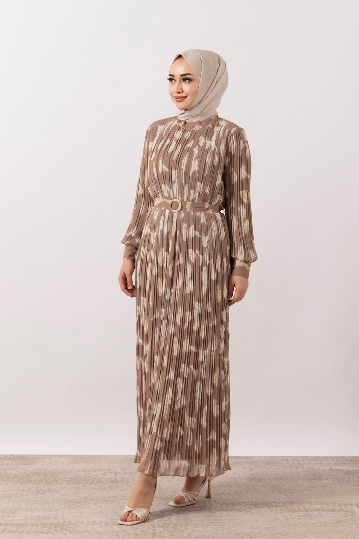 Belise Piliseli Şifon Elbise Kahverengi