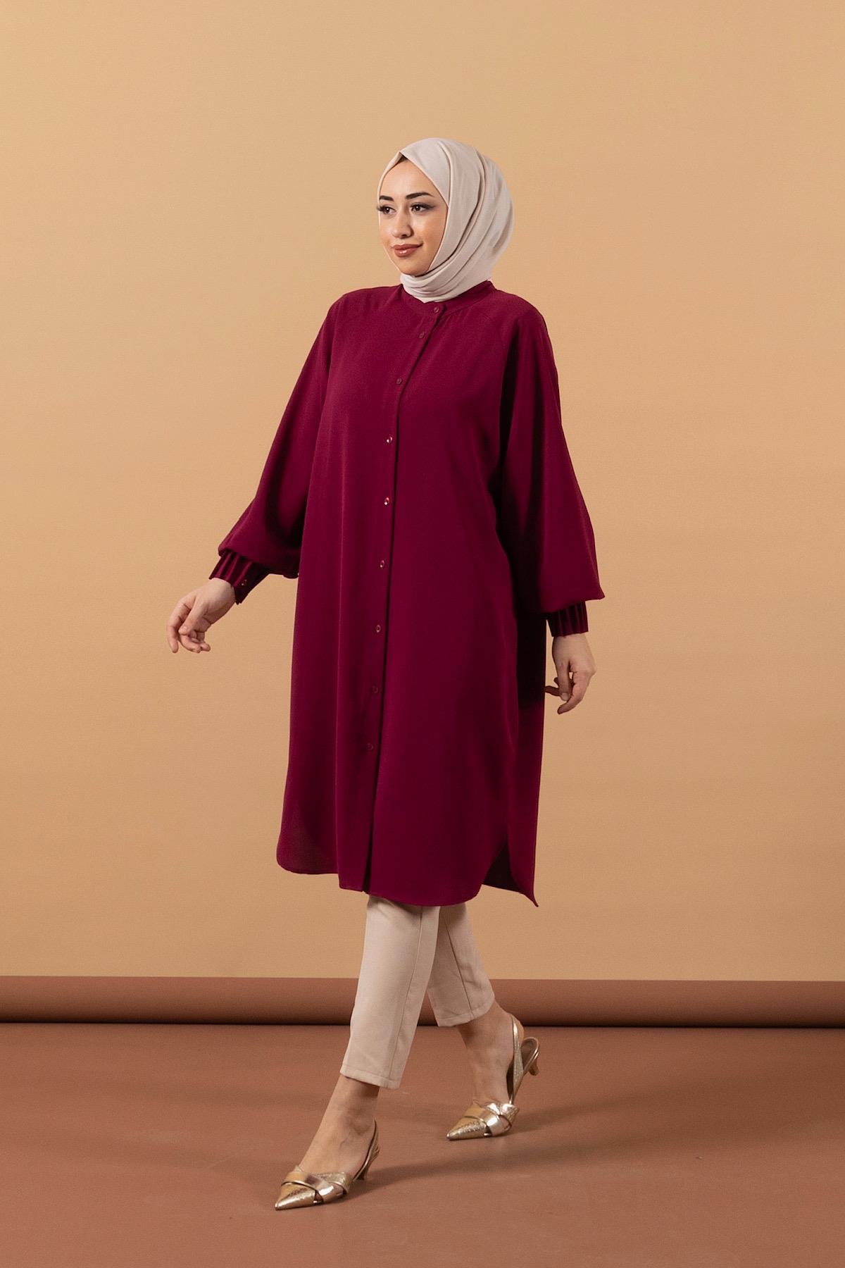 Bilek Detay Uzun Tunik Bordo