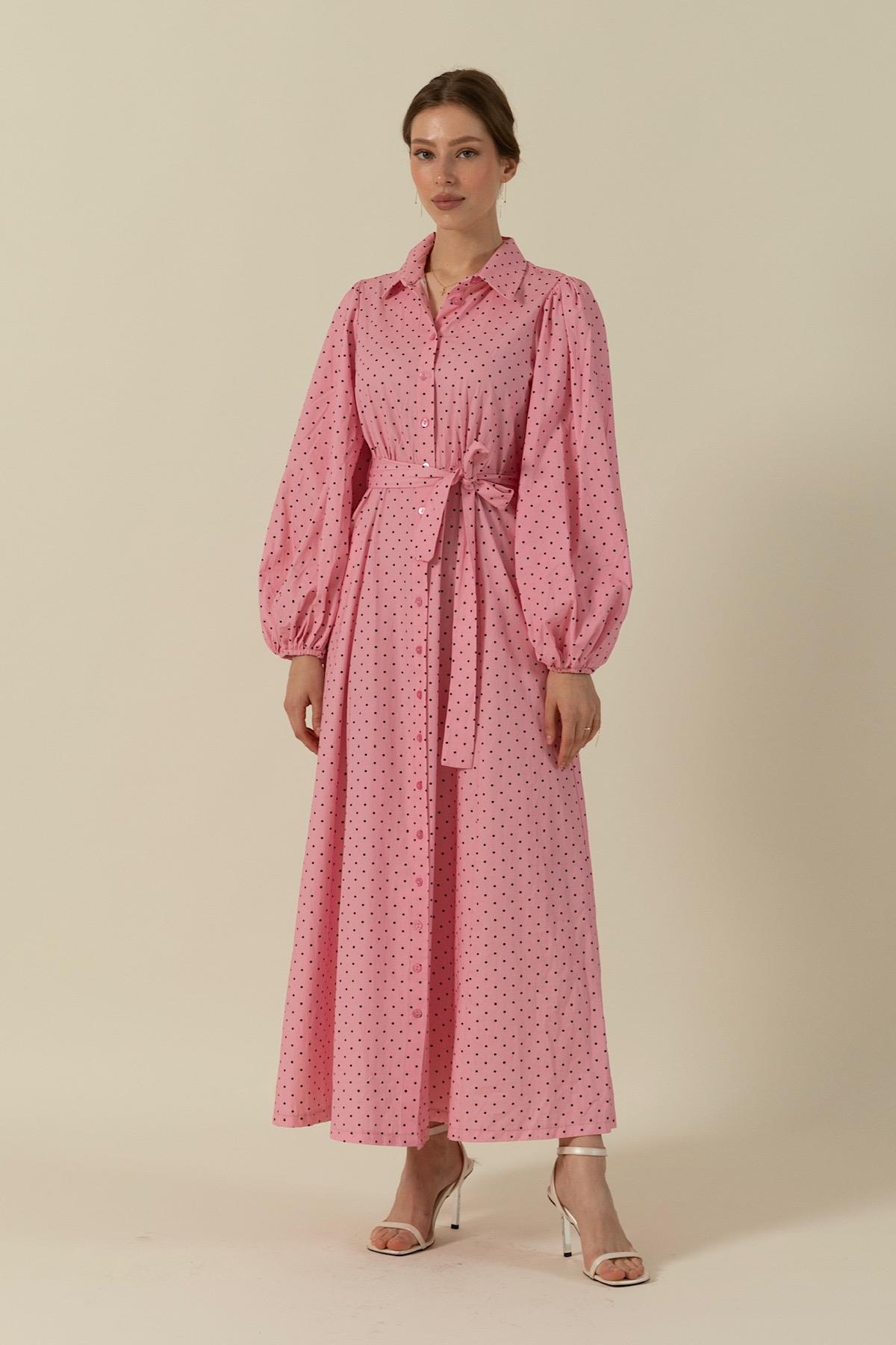 Boydan Düğmeli Puantiye Desen Elbise Pembe