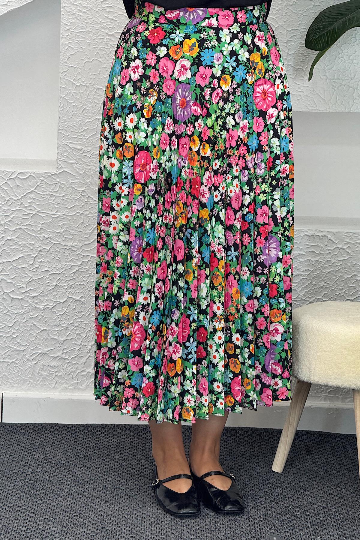 Çiçek Desenli Crep Etek