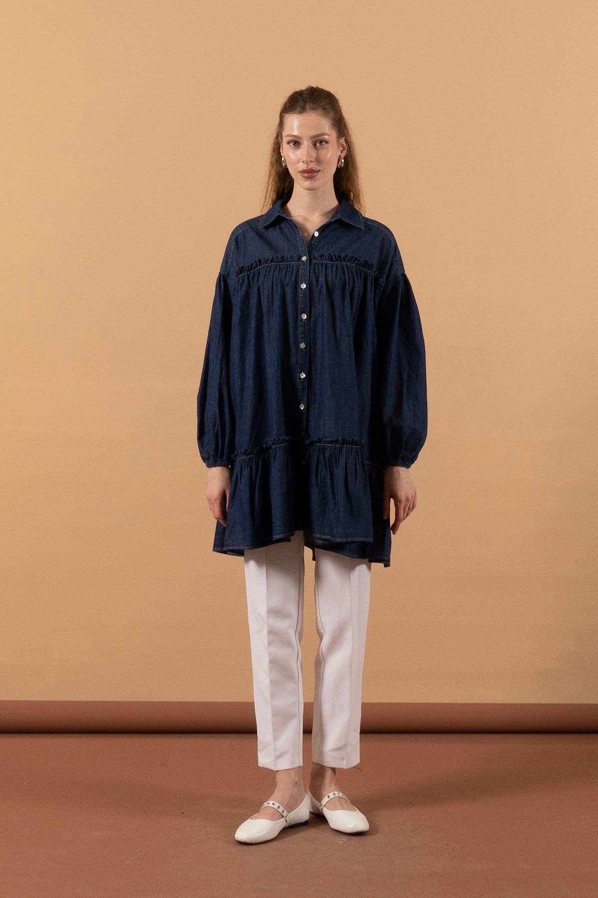 Denim Parçalı Tunik Lacivert