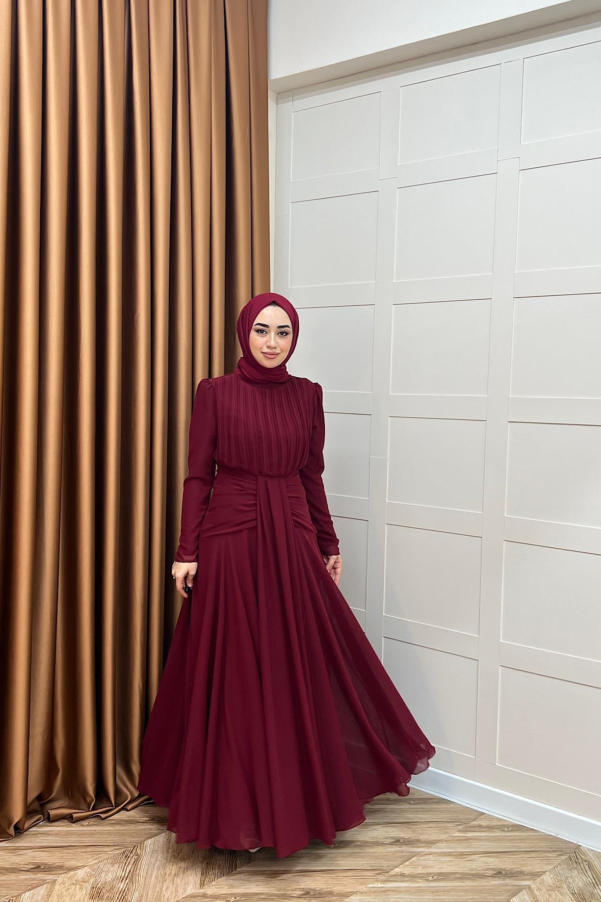 Elanor Bel Detay Şifon Abiye Bordo