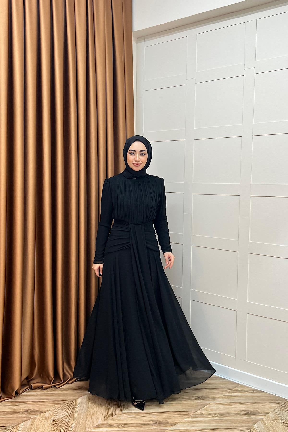 Elanor Bel Detay Şifon Abiye Siyah
