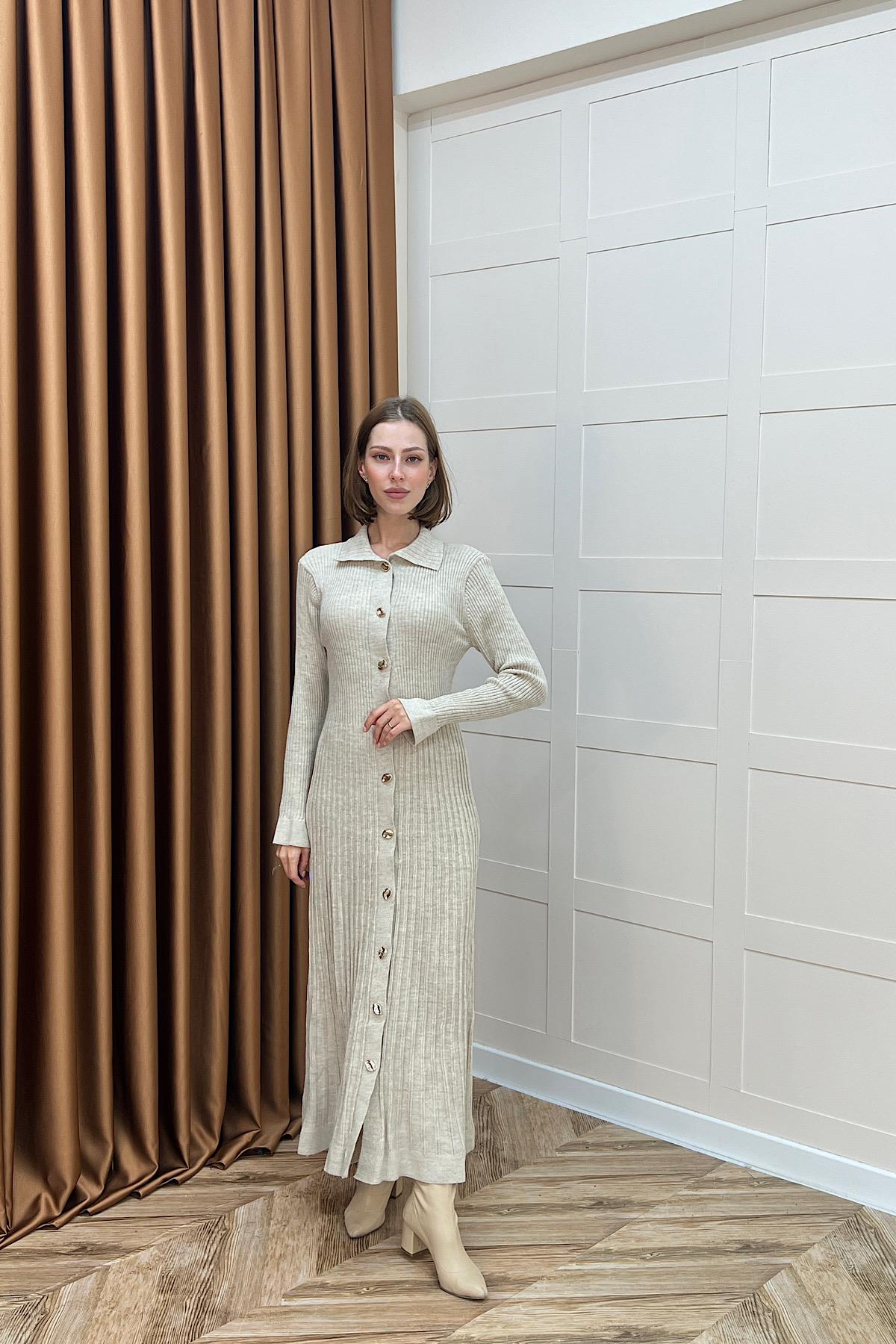 Endam Düğmeli Triko Elbise Taş