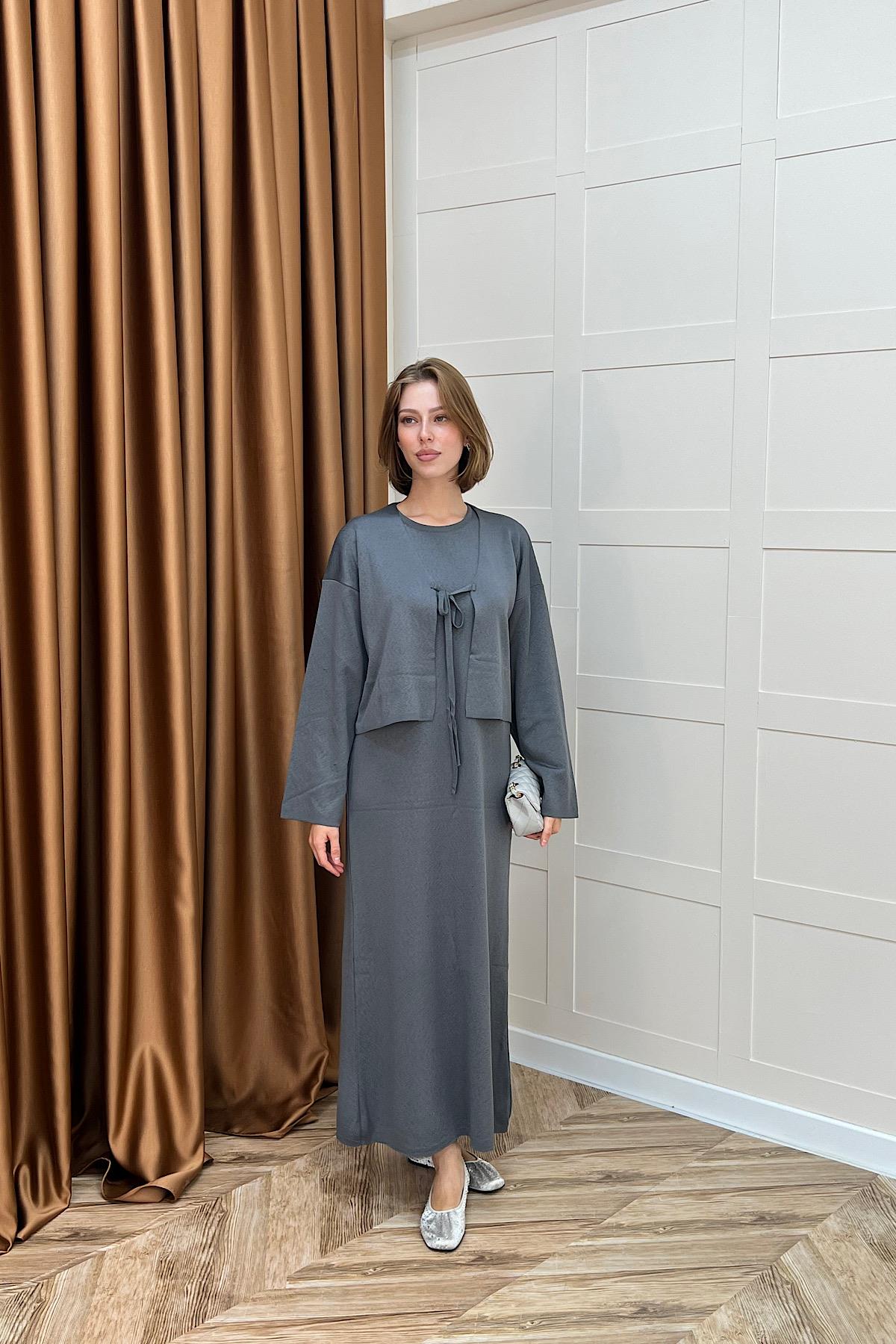 Ester Croplu İkili Elbise Gri