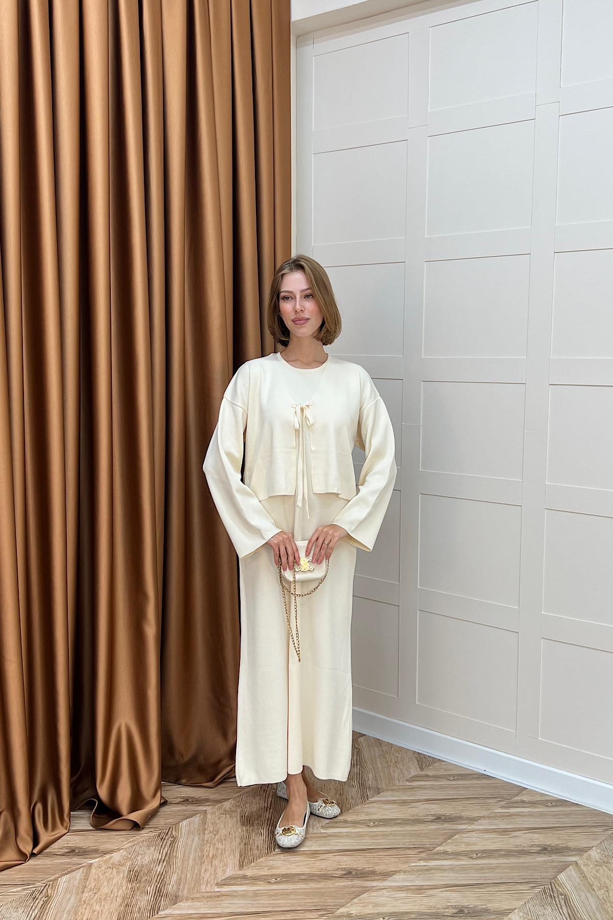 Ester Croplu İkili Elbise Krem