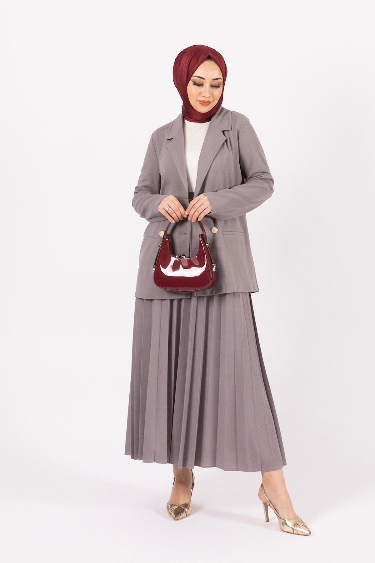 Eteği Piliseli Ceket Takım Gri