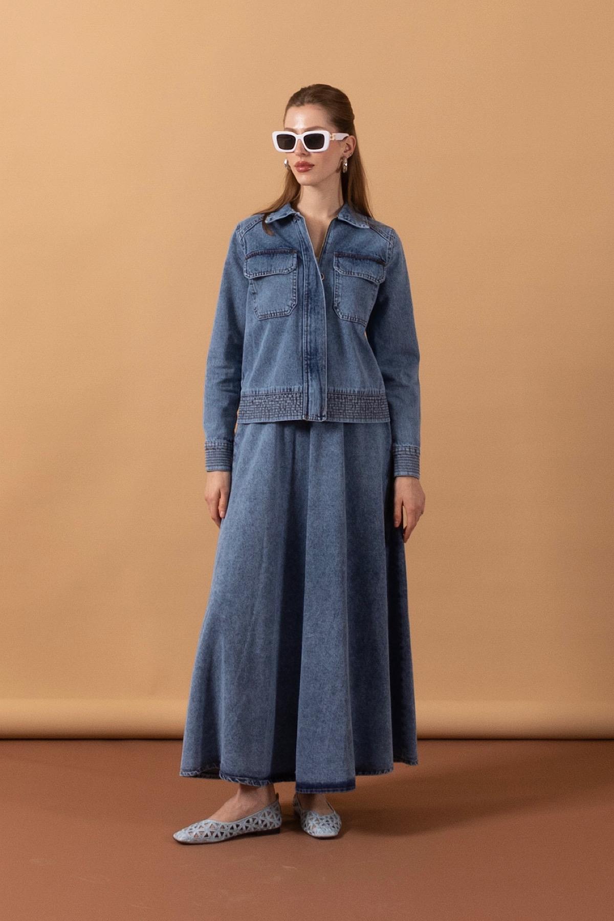 Fermuarlı Kot Etek Takım Mavi