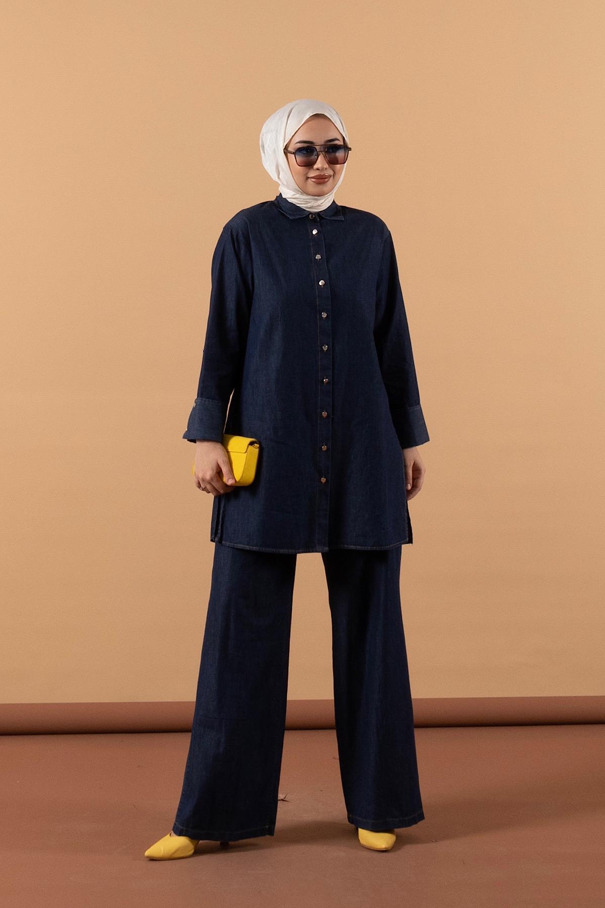 Geniş Manşet Kot Takım Lacivert