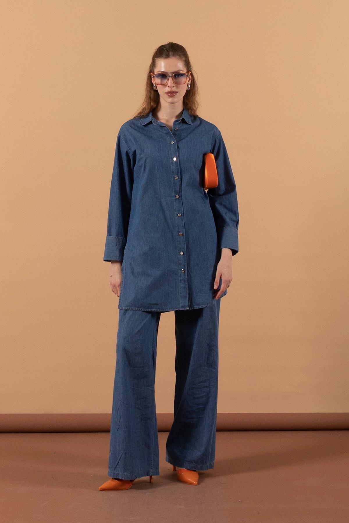 Geniş Manşet Kot Takım Mavi