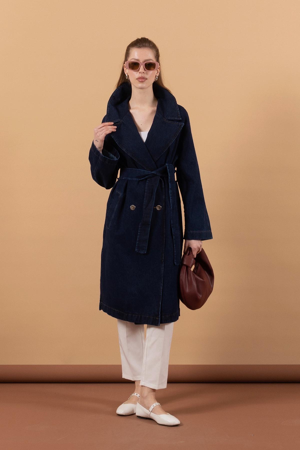 Geniş Yaka Denim Kap Lacivert