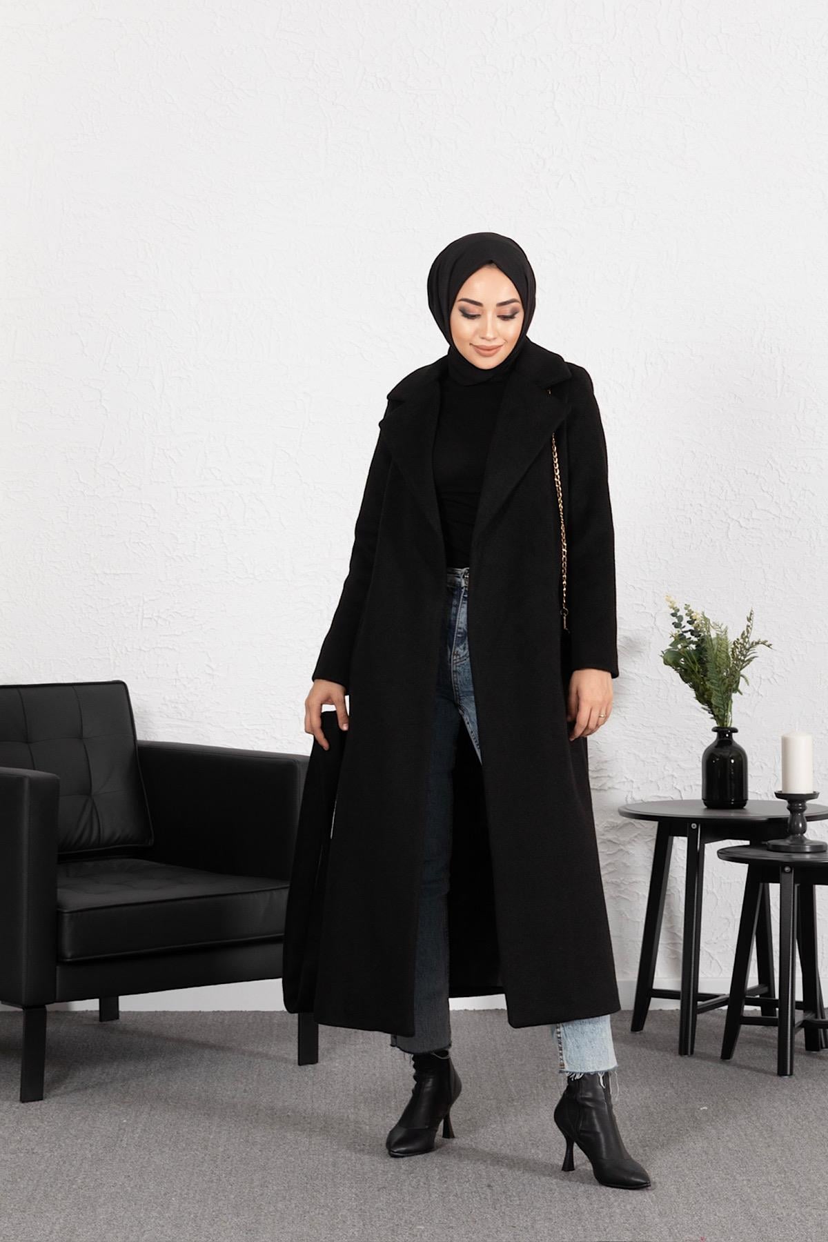 Geniş Yaka Kuşaklı Uzun Kaban Siyah
