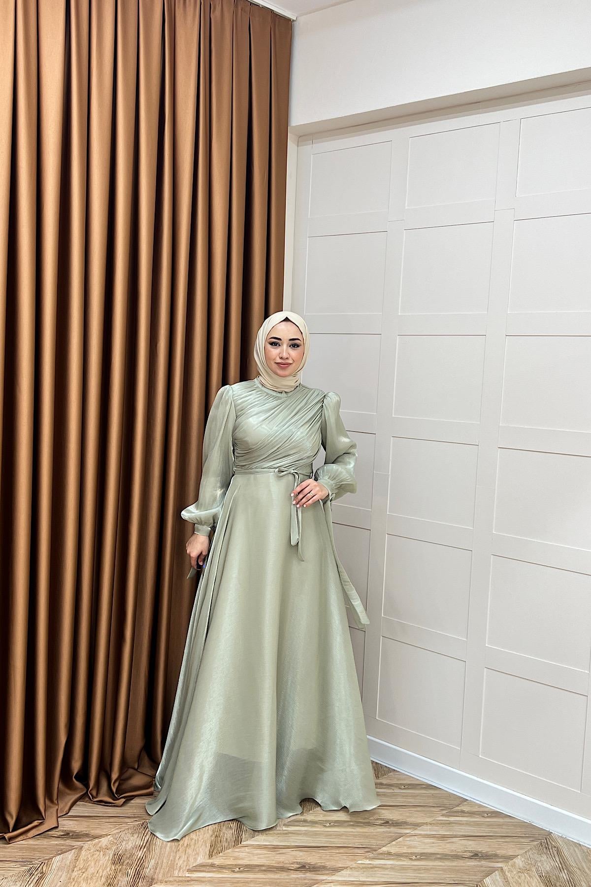 Göğüs Drapeli Abiye Yeşil