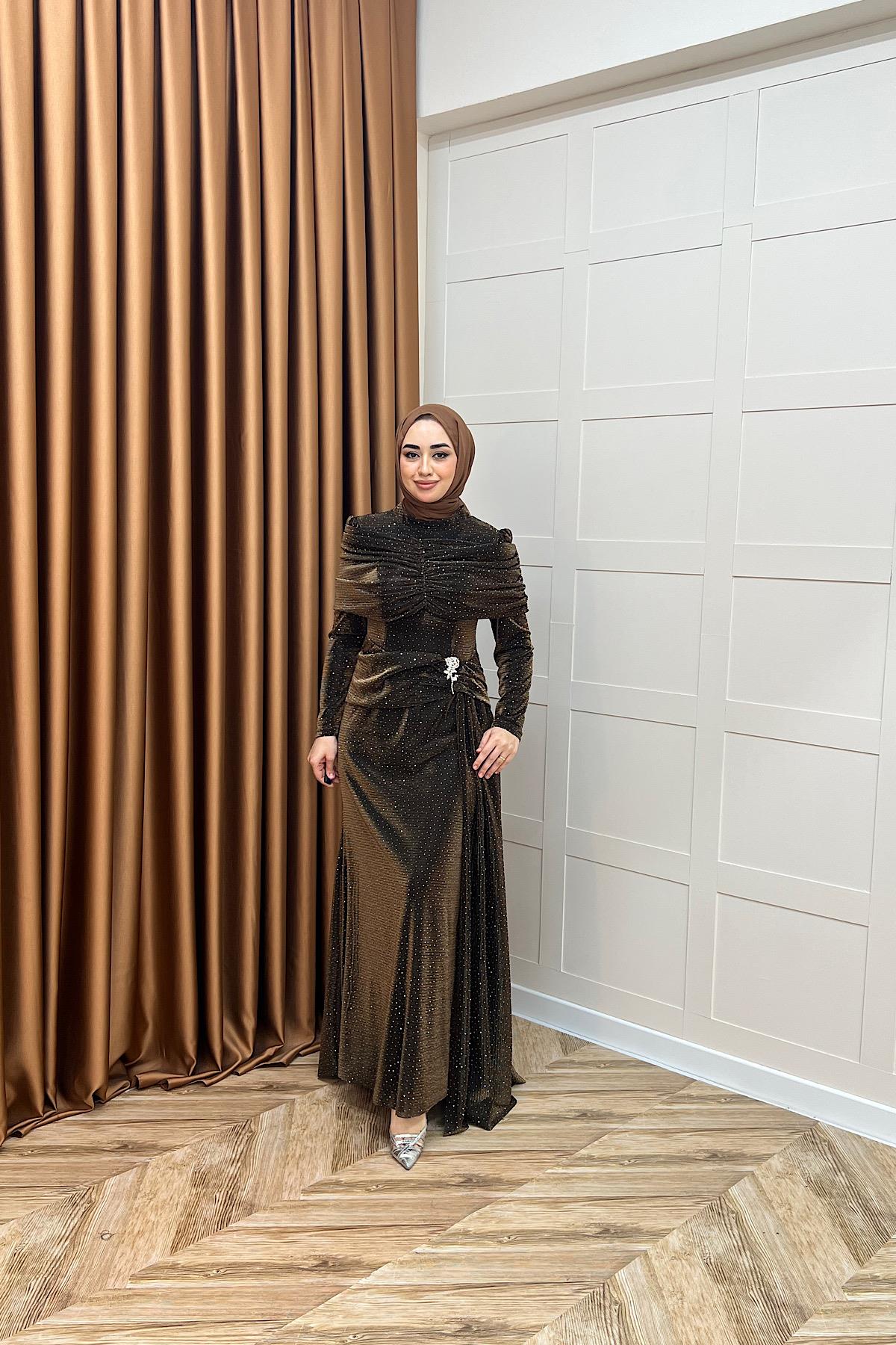 Helena Çiçek Taşlı Abiye Kahverengi