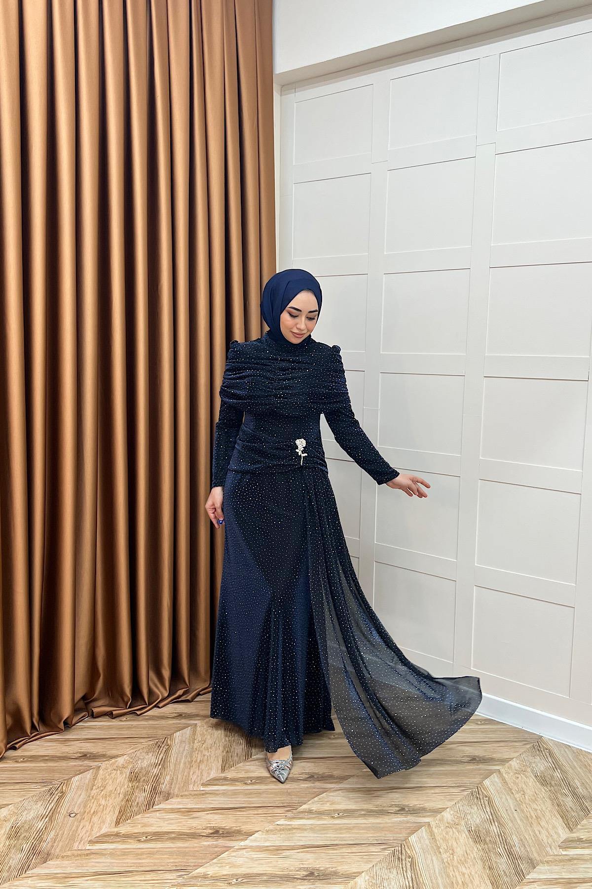 Helena Çiçek Taşlı Abiye Lacivert