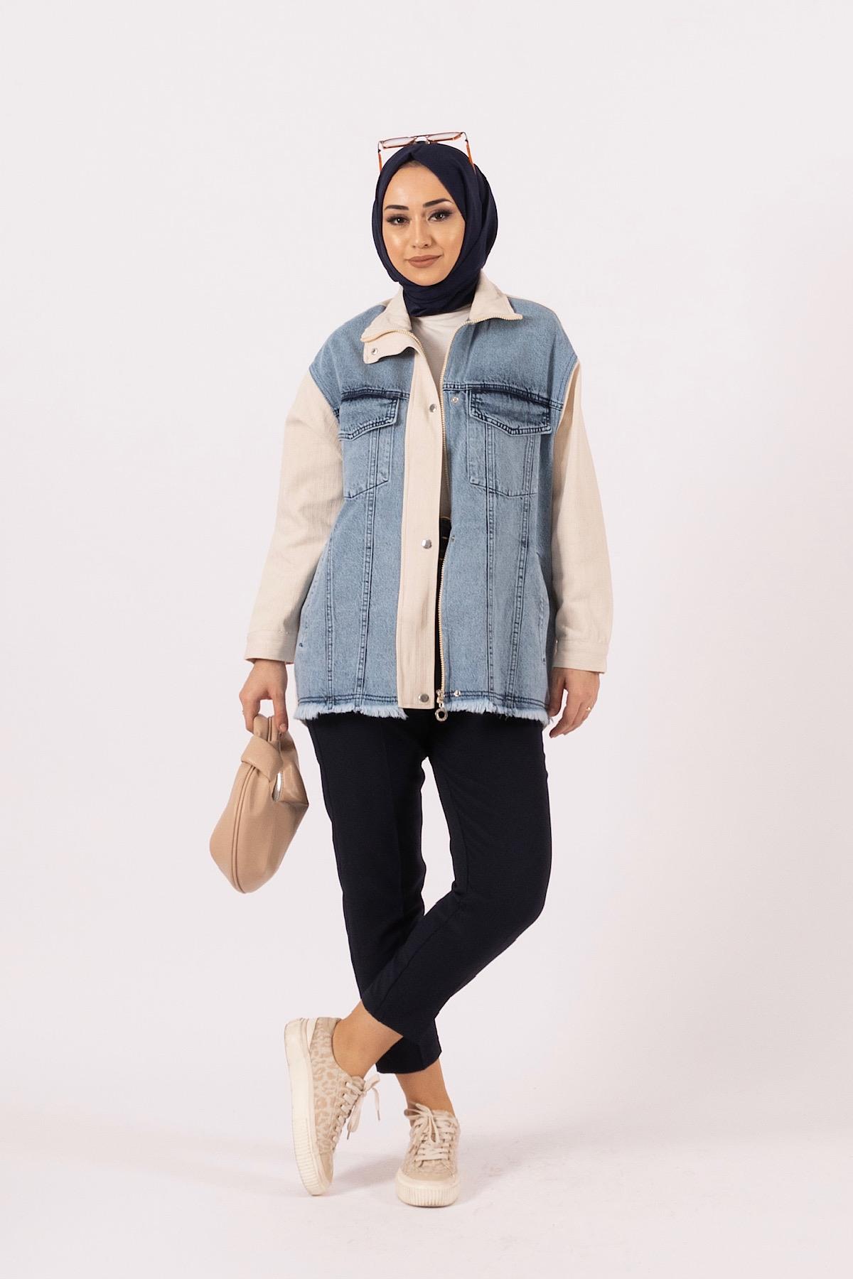 İki Renk Kot Ceket Krem