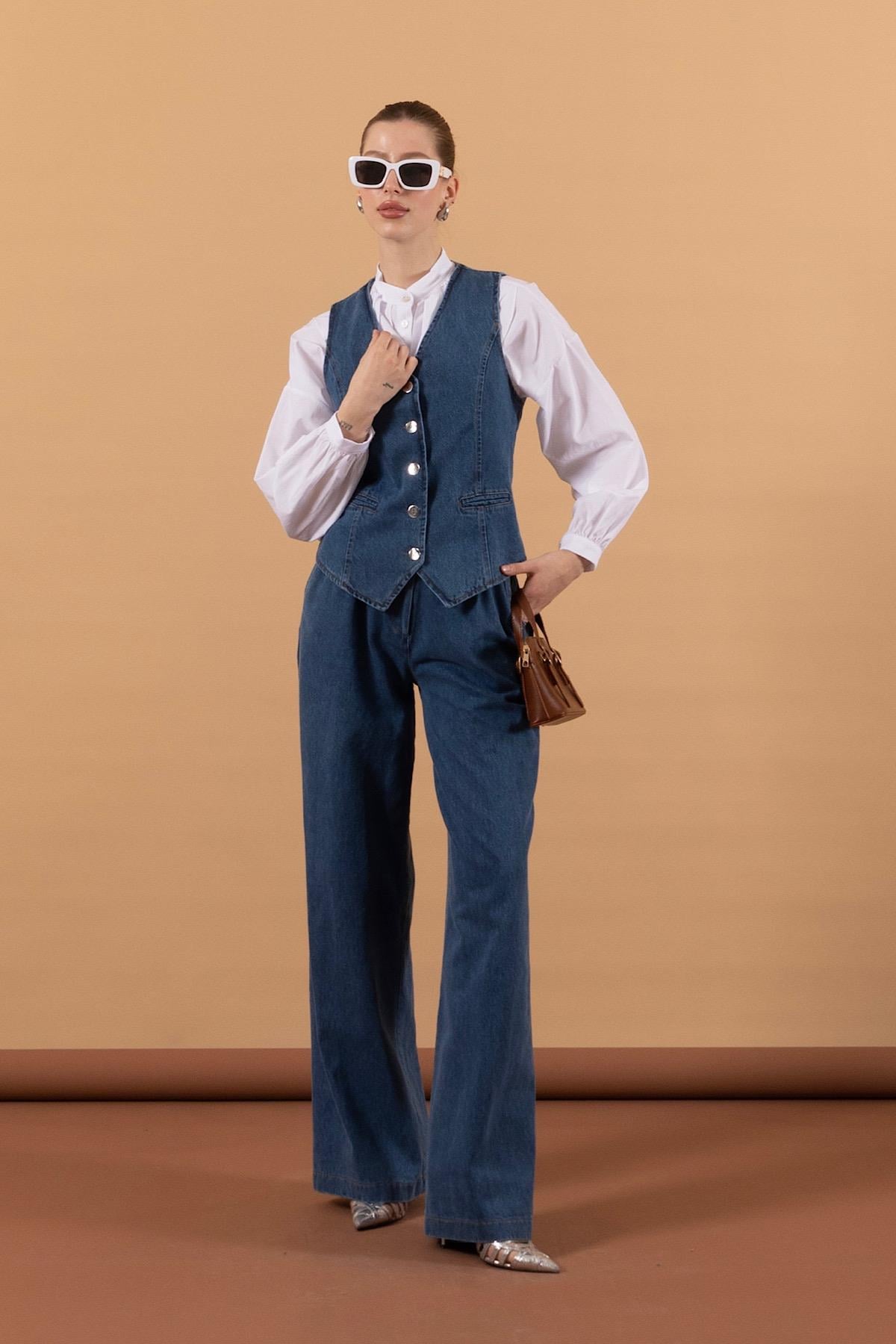 İkili Denim Yelek Takım Mavi